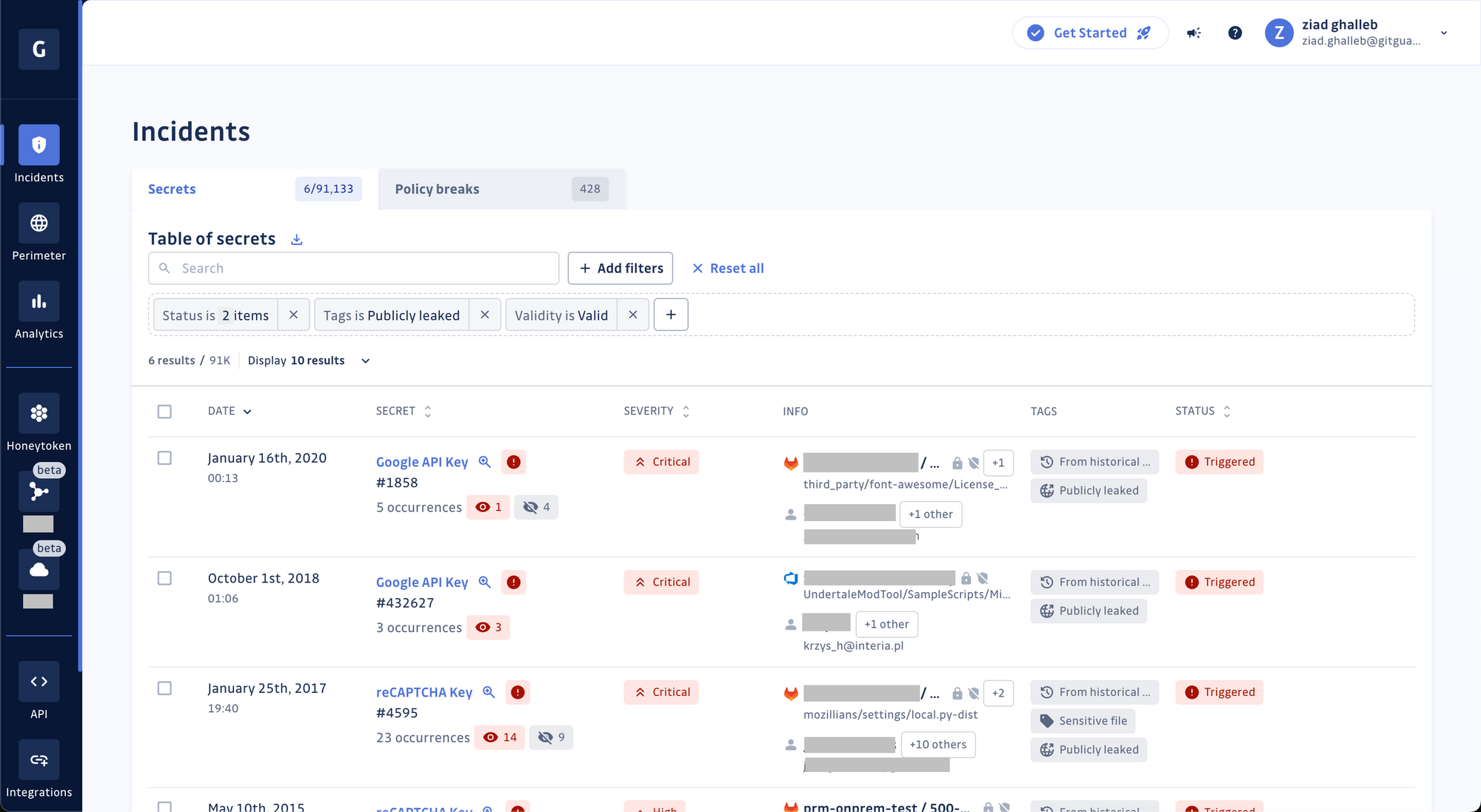 GitGuardian Secrets Detection –&nbsp;Incidents table screenshot