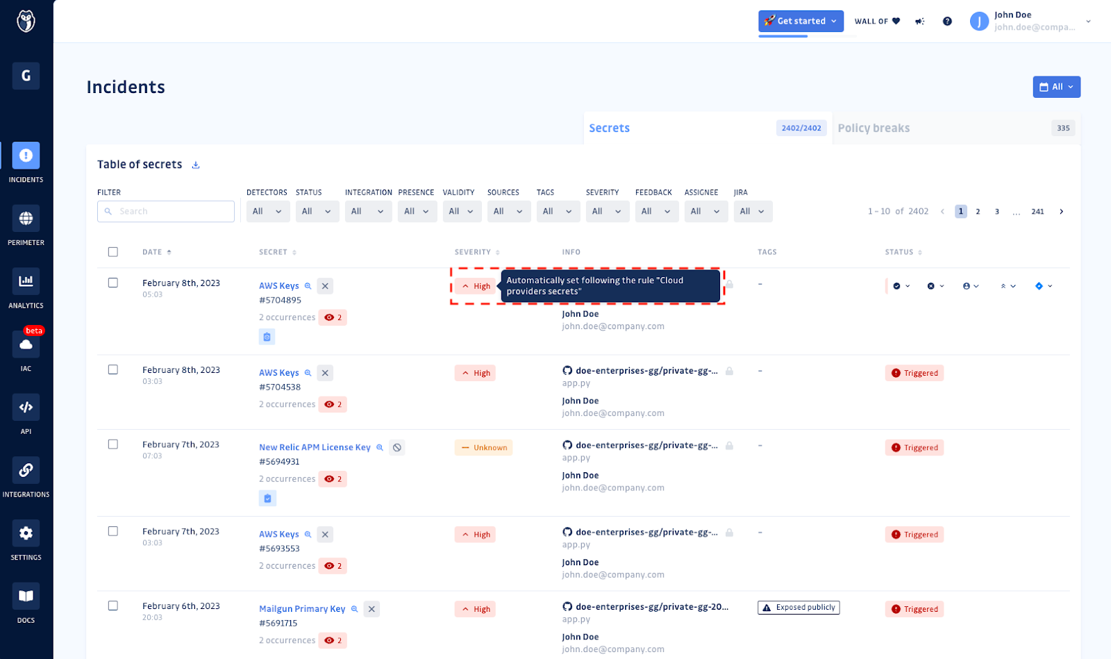 A tooltip is displayed when hovering over the incident severity badge
