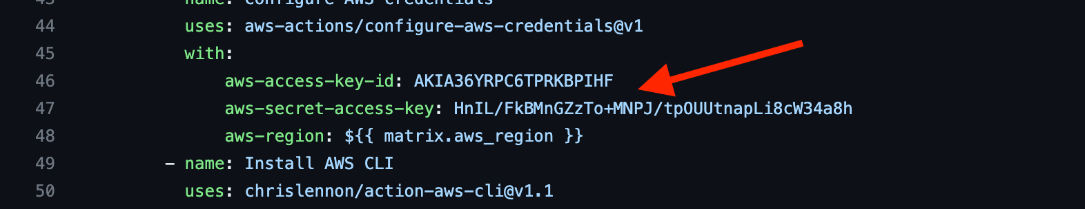 Example of a leaked AWS key within a public git repository from Sumo Logic&nbsp;