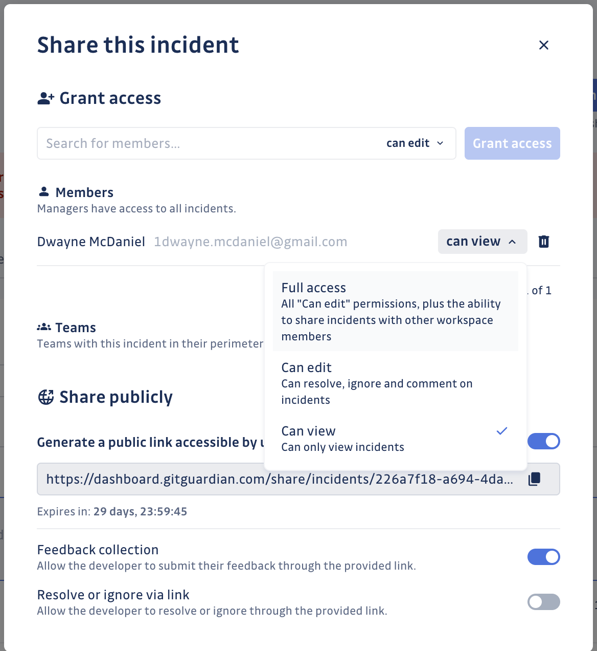 The share menu inside an incident detail view.&nbsp;