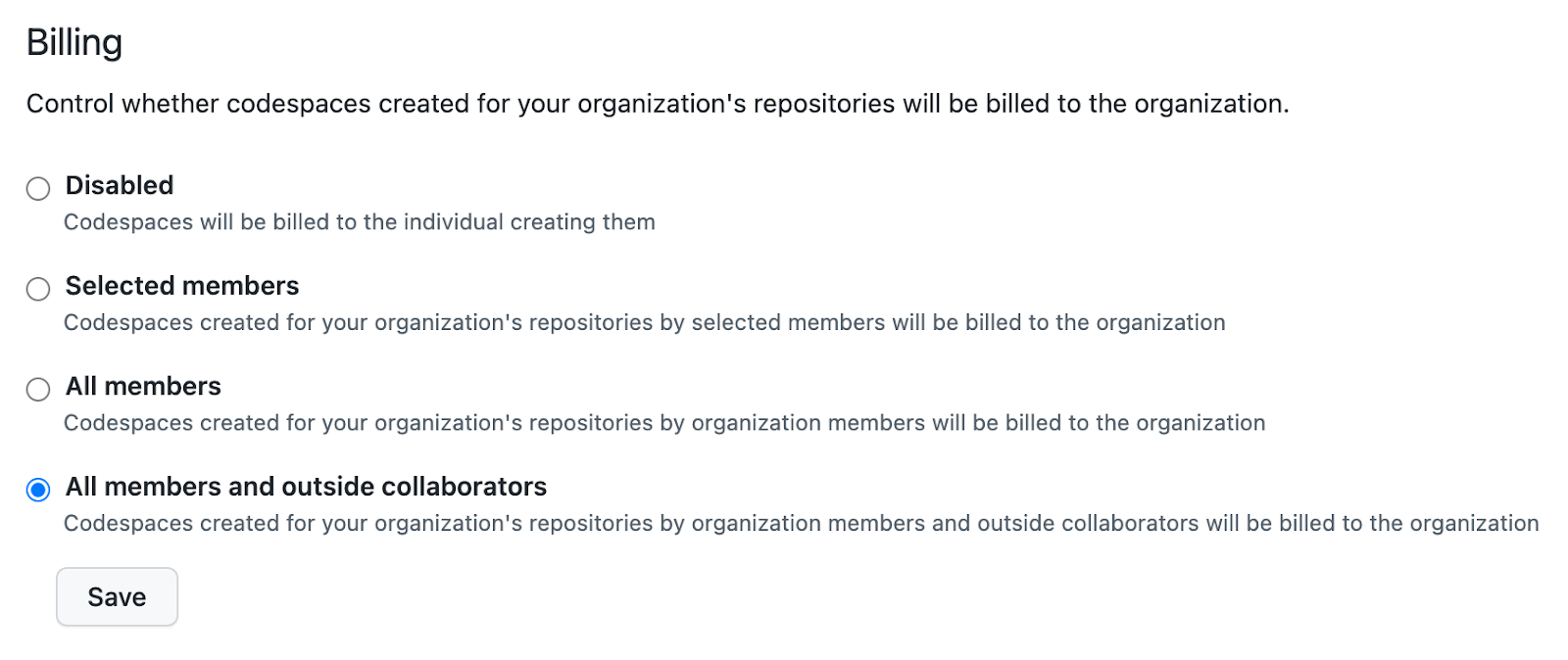 Codespaces billing interface for Organizations. 