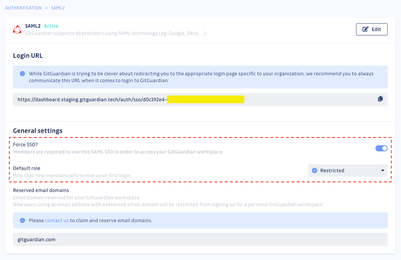 Screenshot of the GitGuardian dashboard – SSO authentication settings section