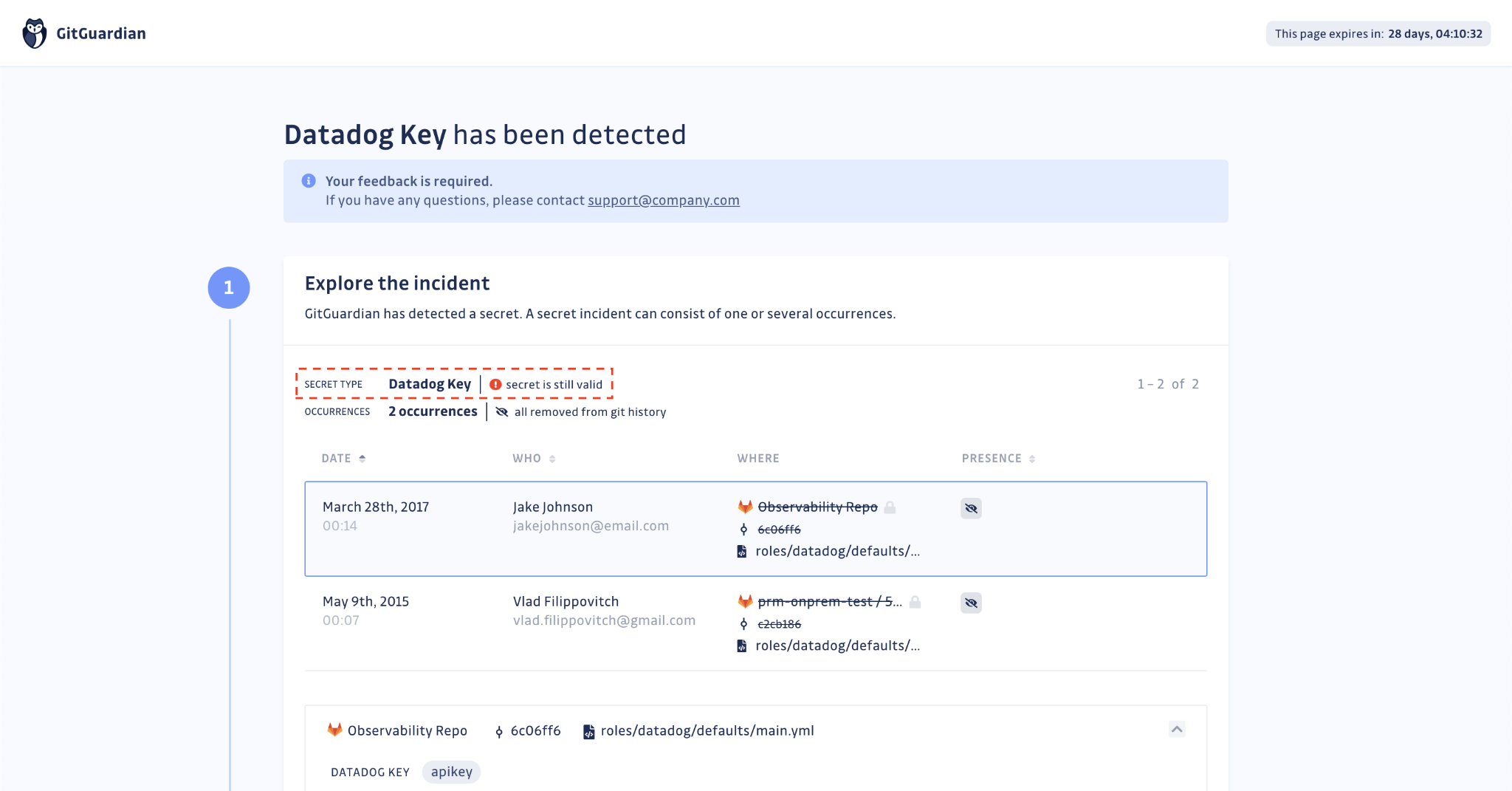 Developer feedback form — Validity check result is displayed next to the secret type