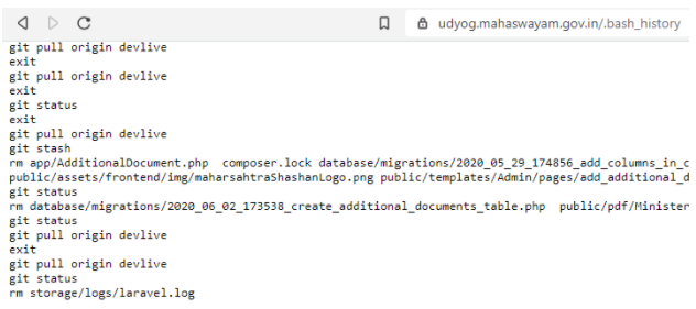 Image of exposed .bash_history file