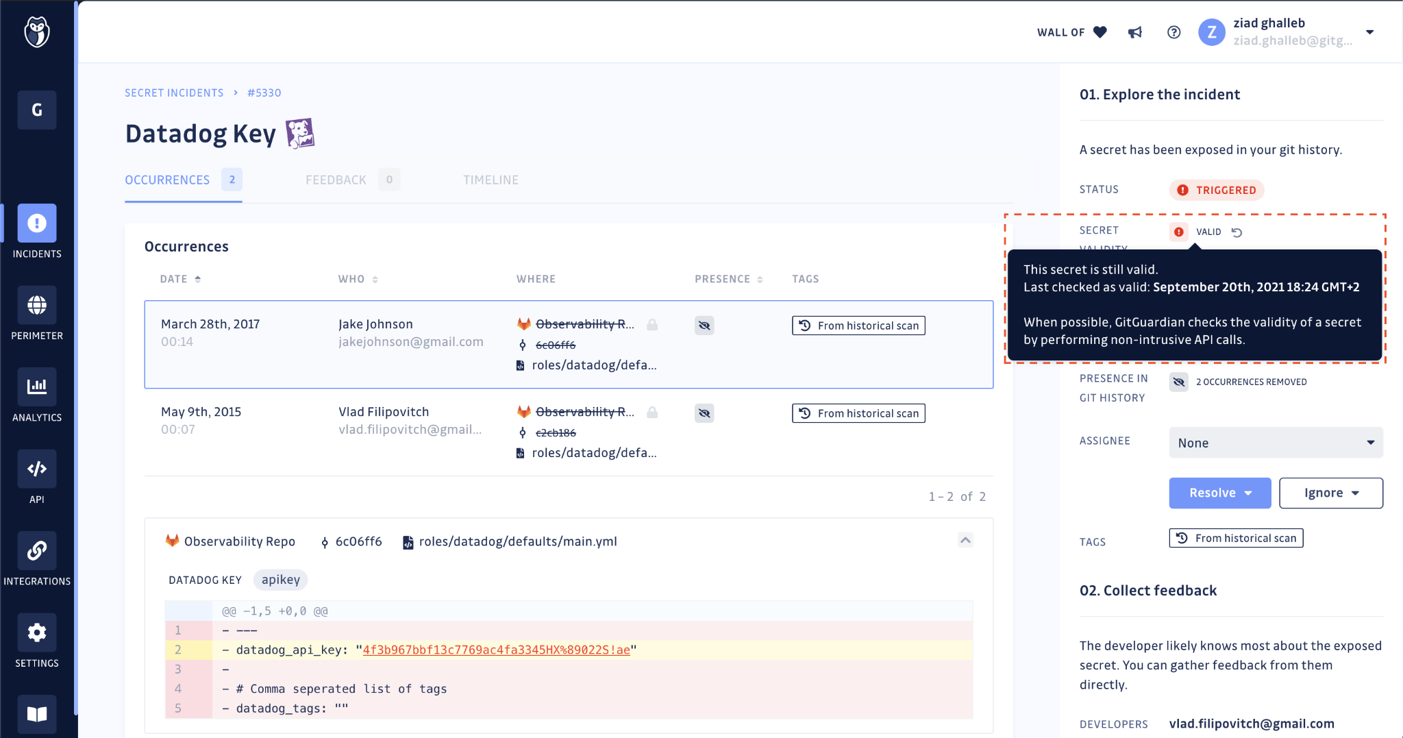 Incident details view — Validity check result is displayed below the incident status
