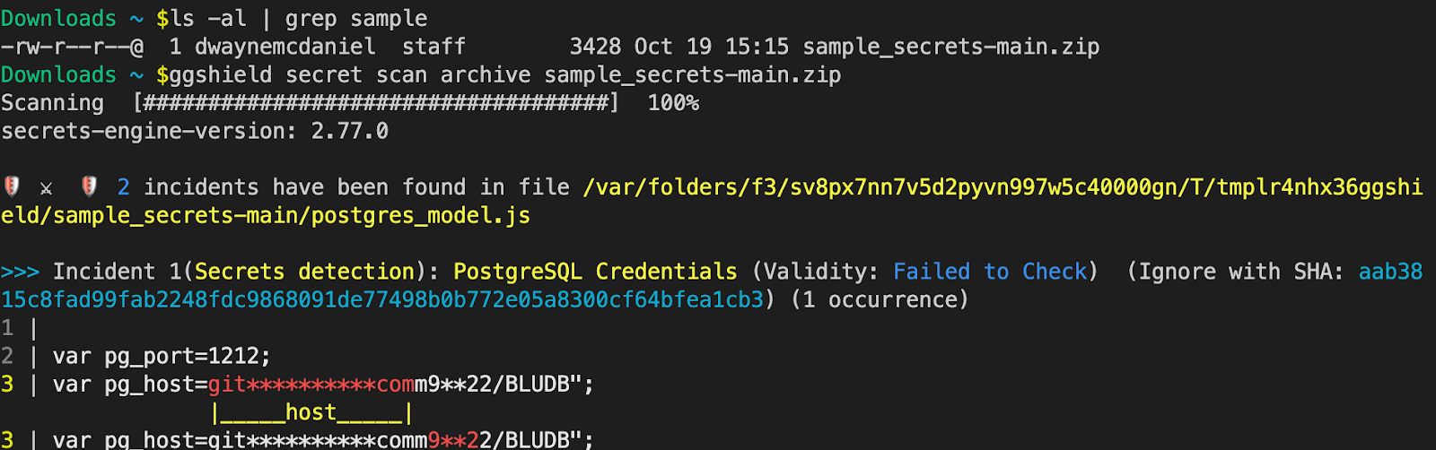 LS command showing sample_secrets-main.zip and the output of ggshield secret scan archive sample_secrets-main.zip finding a secret.
