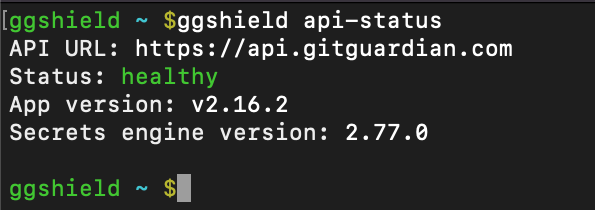 ggshield api-status output showing the status: healthy