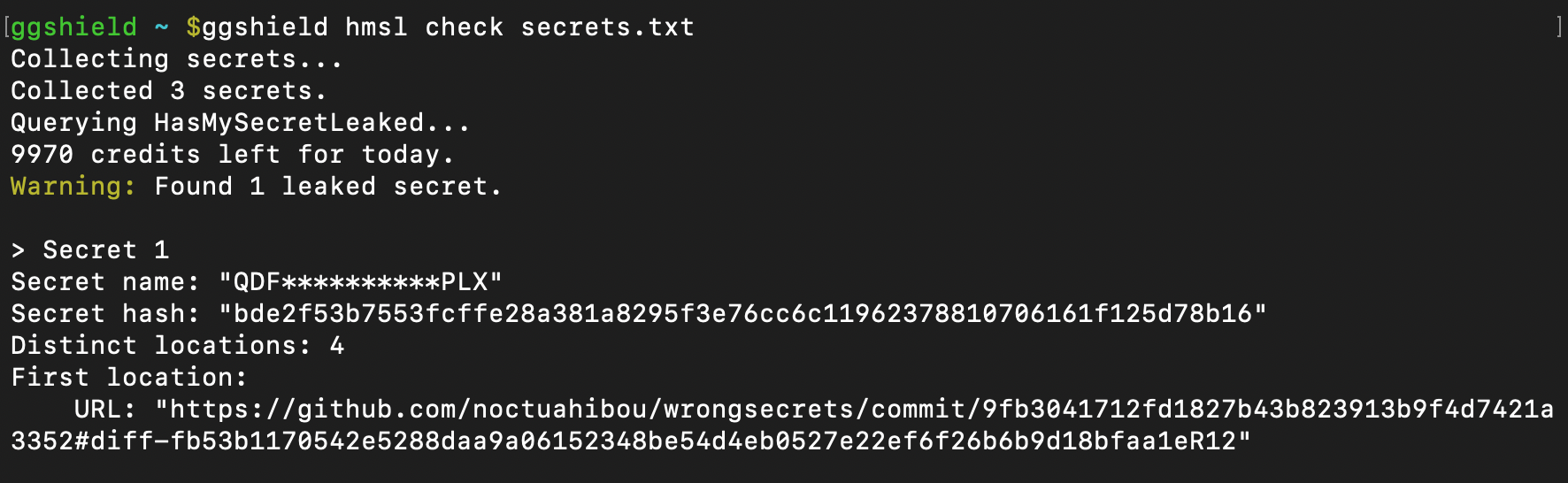 ggshield hmsl output finding one secret as publicly leaked