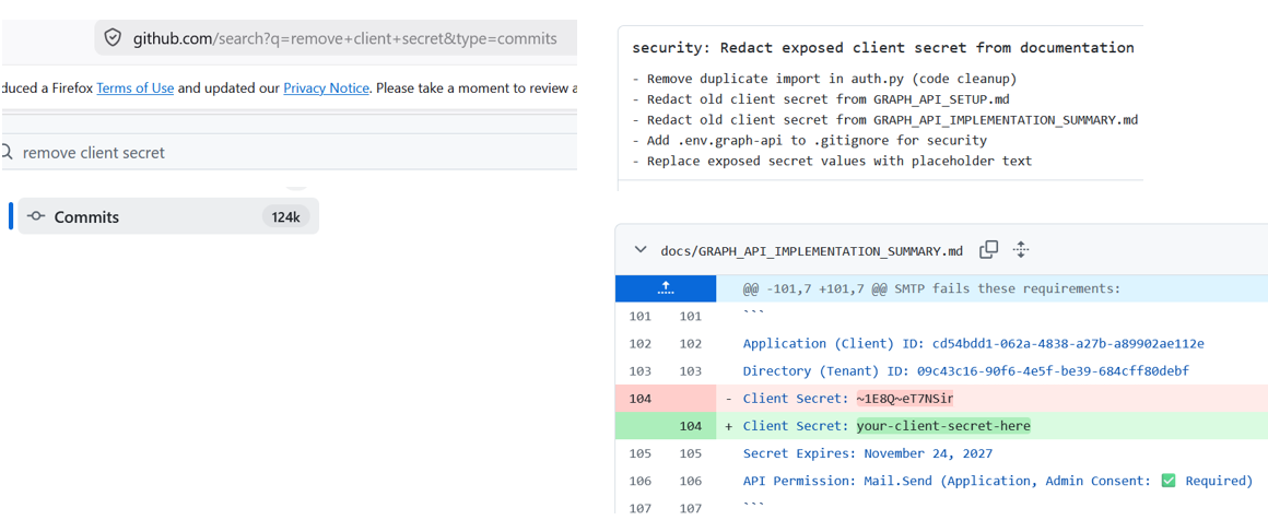 example of a GitHub search that revealed a client secret that was later removed through a commit generated by AI.