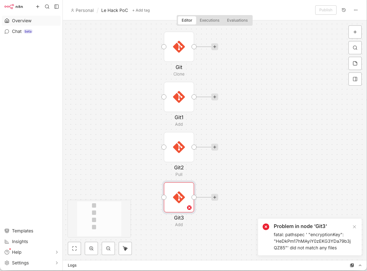 n8n workflow canvas showing the Git node configured to exploit CVE-2026-25053 and read the N8N_ENCRYPTION_KEY from the host config file