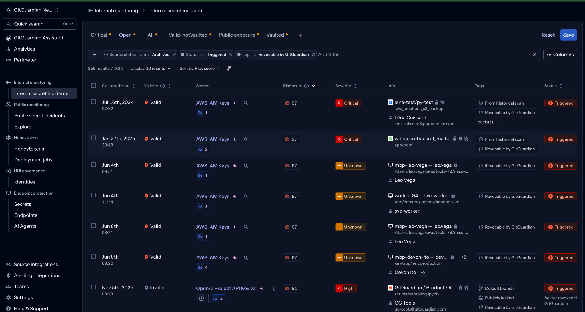 GitGuardian Workspace showing secrets incidents in internal systems with context