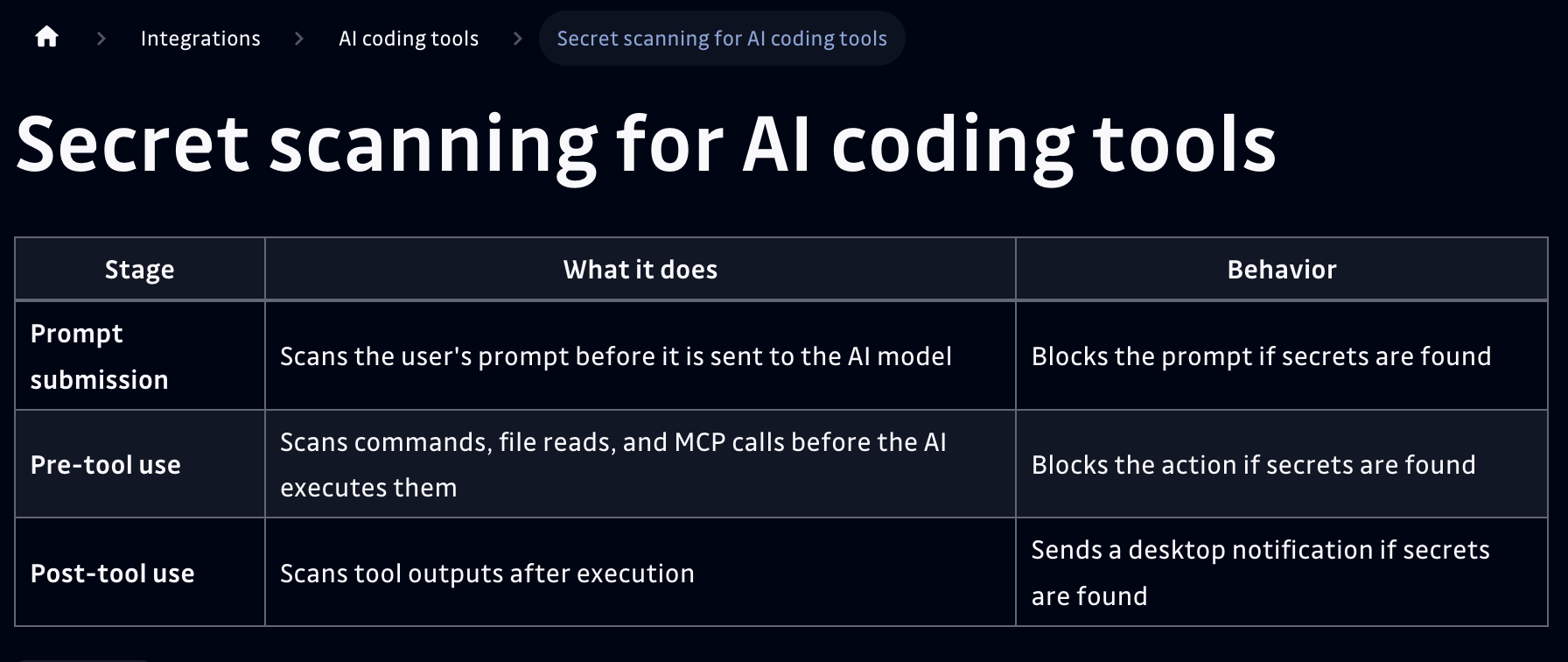 Secret scanning for AI coding agents tools - 3 stages