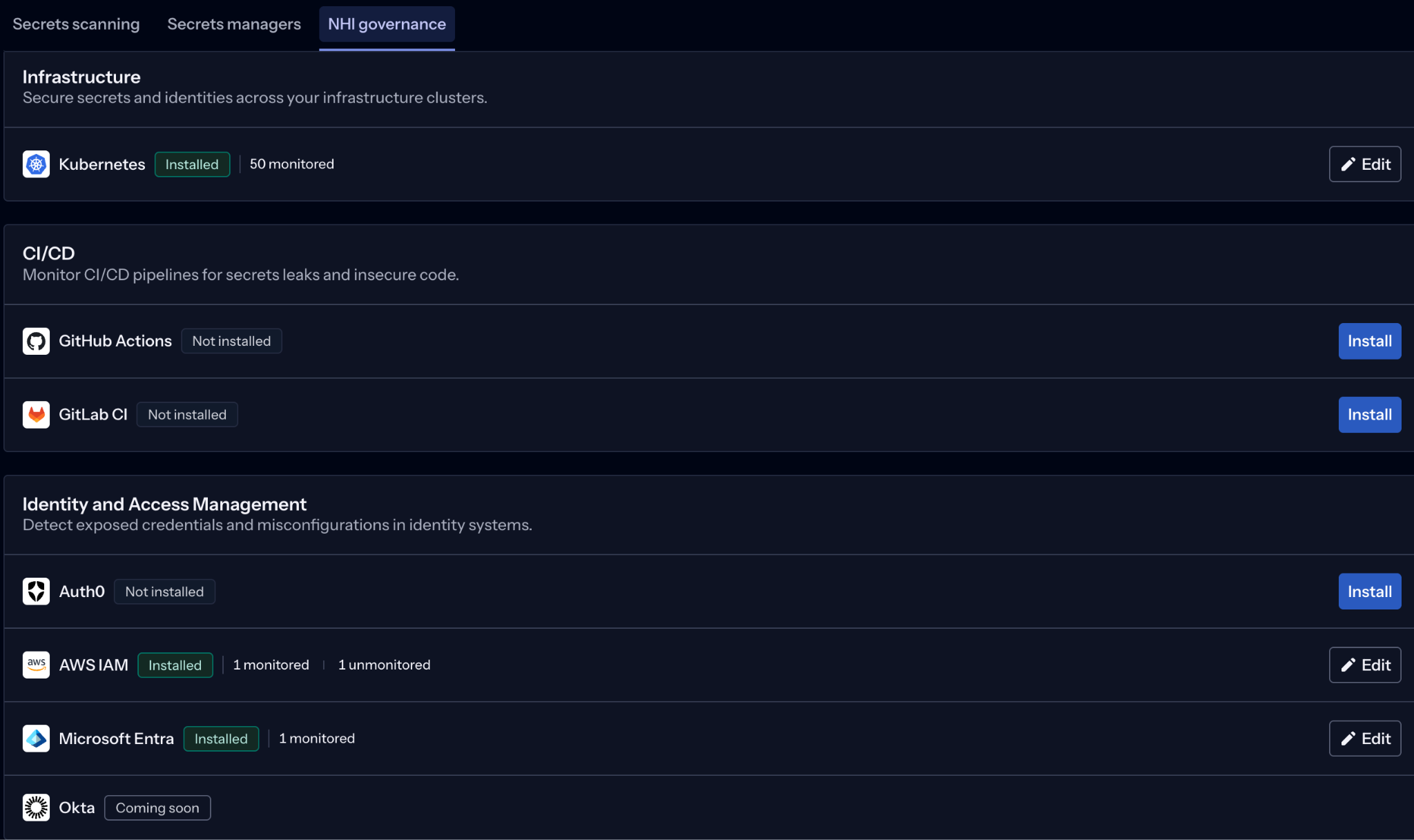 NHI governance Infrastructure, CI/CD, and IAM integrations page