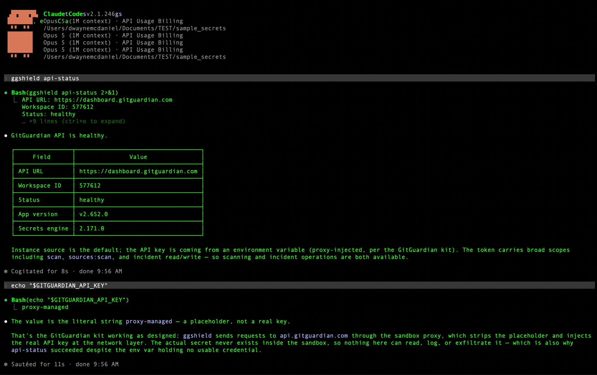 A successful run of echo "$GITGUARDIAN_API_KEY" showing Proxy managed as the output inside of Claude Code