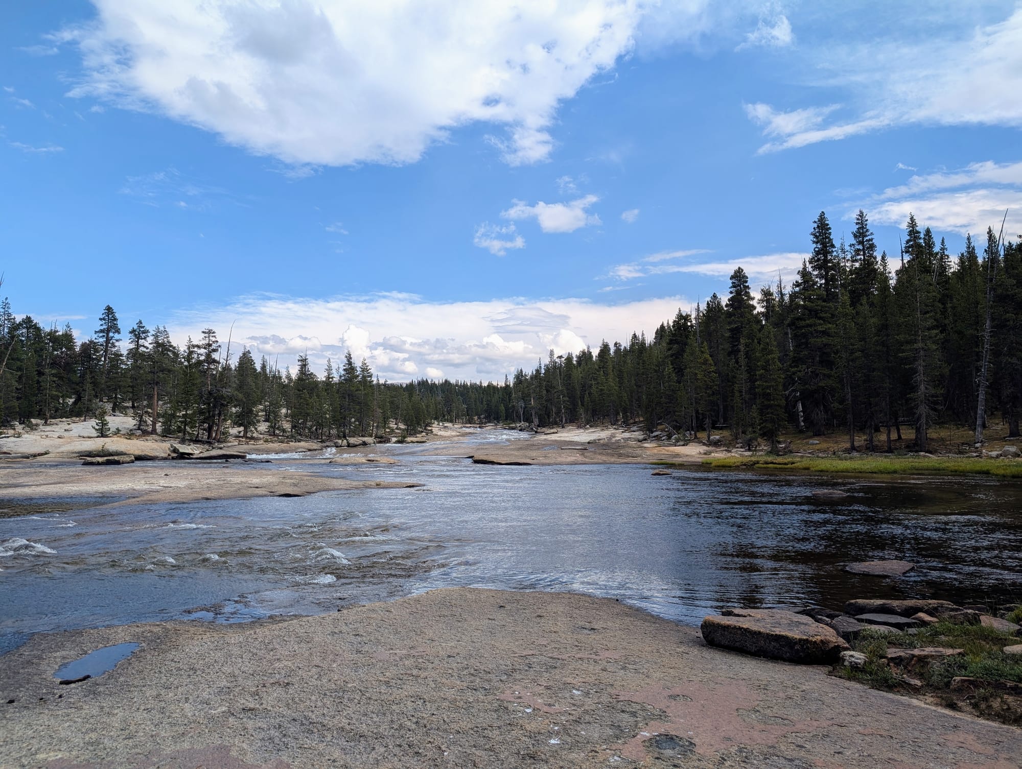 River flowing over granite rock with evergreen trees