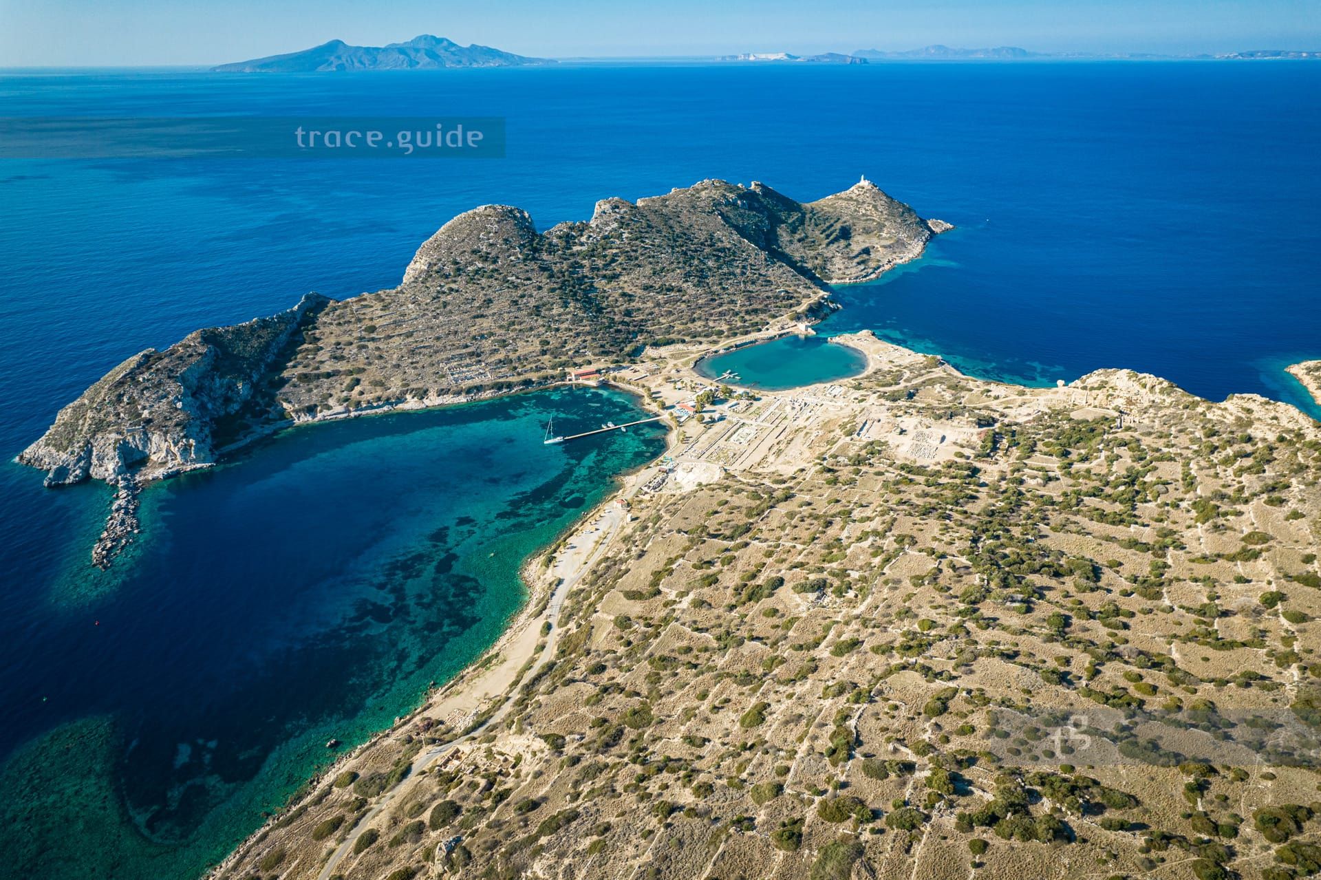 The ancient harbour of Knidos, Nisyros and Kos at the horizon