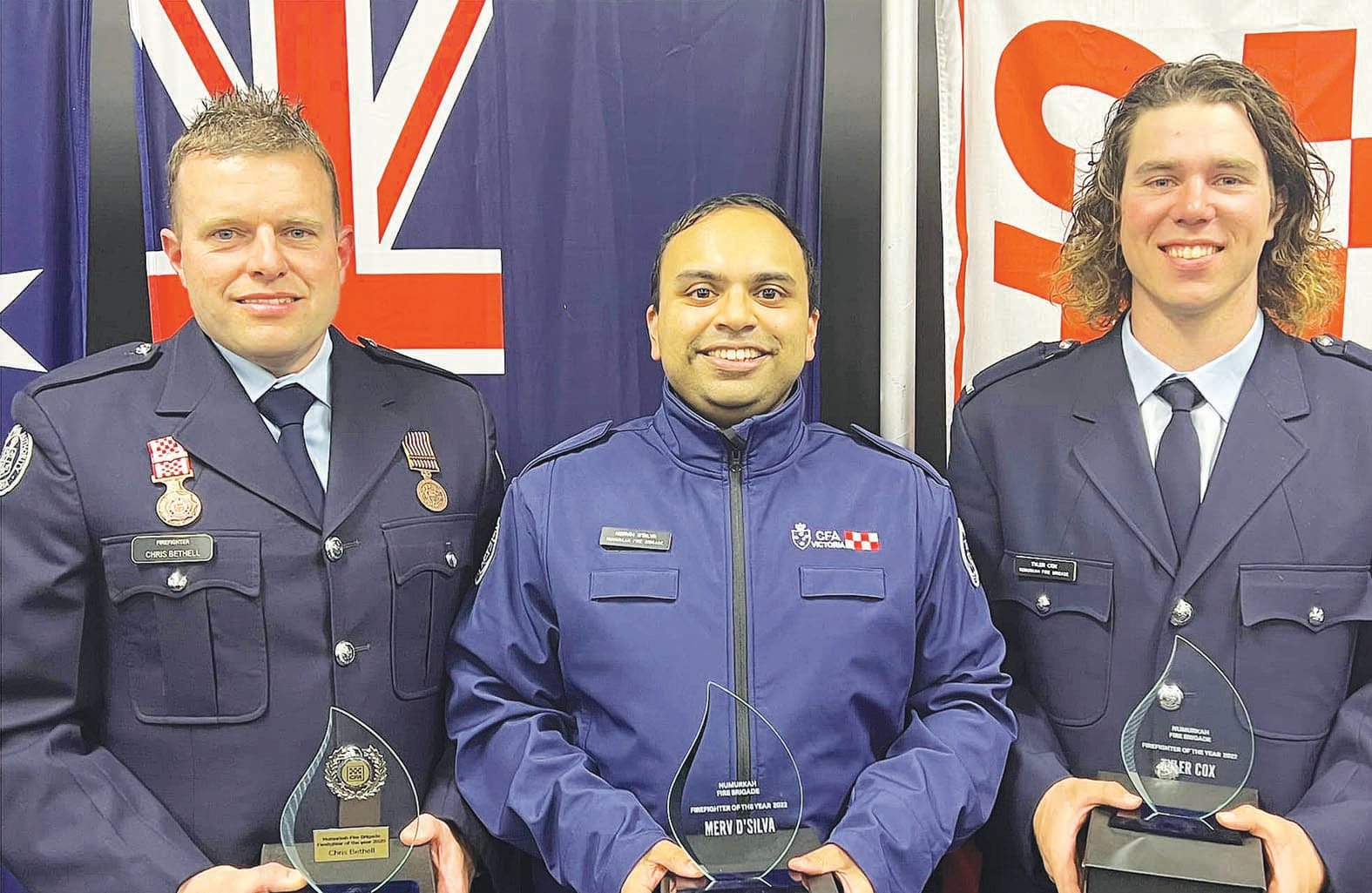 Firefighters of the Year... (From left):  Chris Bethell, Merv D’Silva and Tyler Cox with their well-deserved awards for going the extra mile. 

