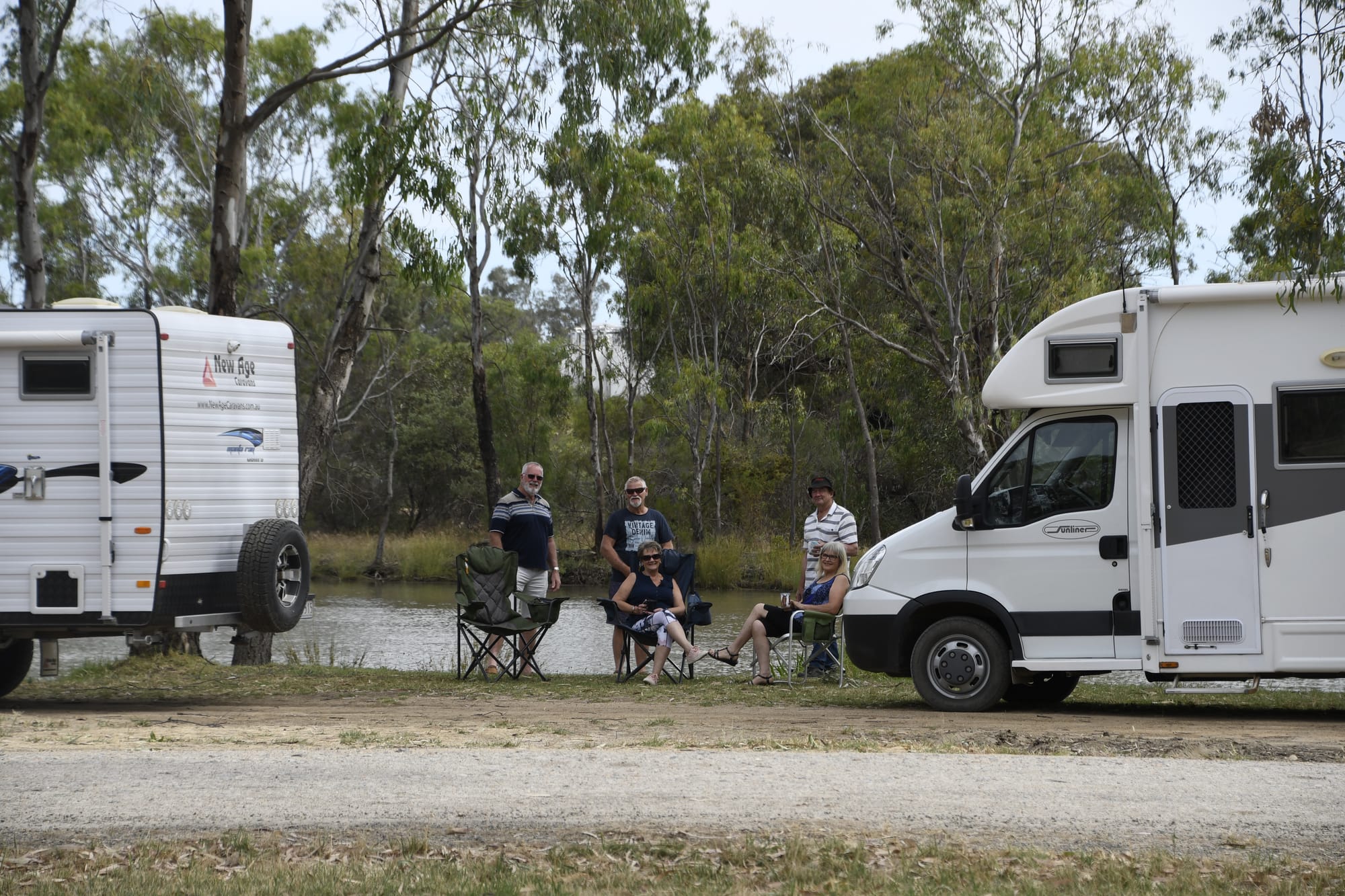 Sweet victory ... RV friendly Numurkah campaigners John Watson, Bruce and Alva Harris and Peter and Diane Hill celebrate council’s decision with a cuppa at one of the endorsed camping sites. 
