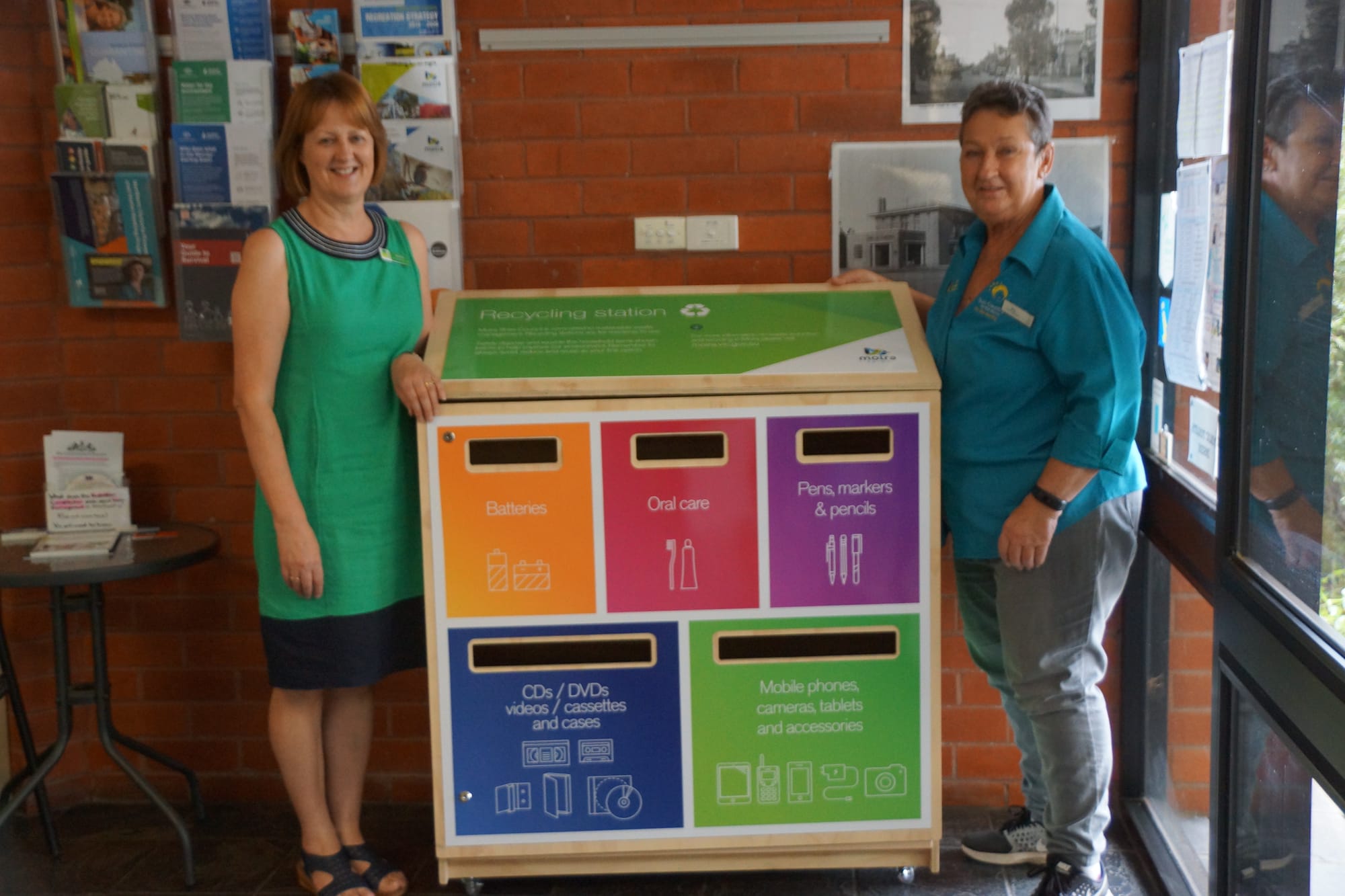 All donations gratefully accepted ... NCLC’s Janine Gittens and Numurkah Visitor Information Centre volunteer Bev Lowndes introduce the new recycling station. 