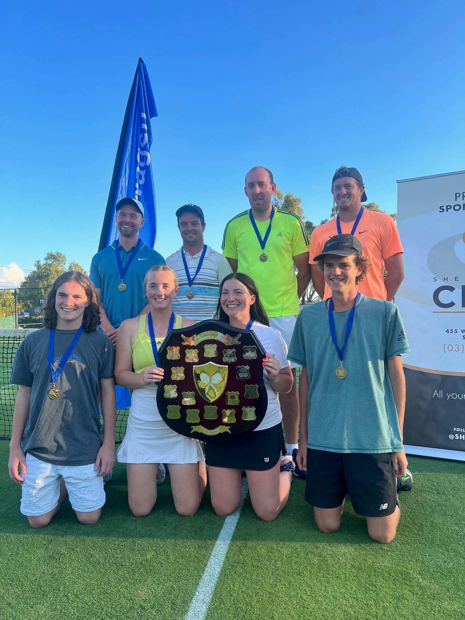 Premiers... Numurkah’s victorious GM1 Warriors (from back left): Nick Fenaughty, Mark Mills, Grant Chappell, David Poole, (front) Oscar Crilly, Emily Buzza, Sabrina Lewicki, Jack Bassett.
