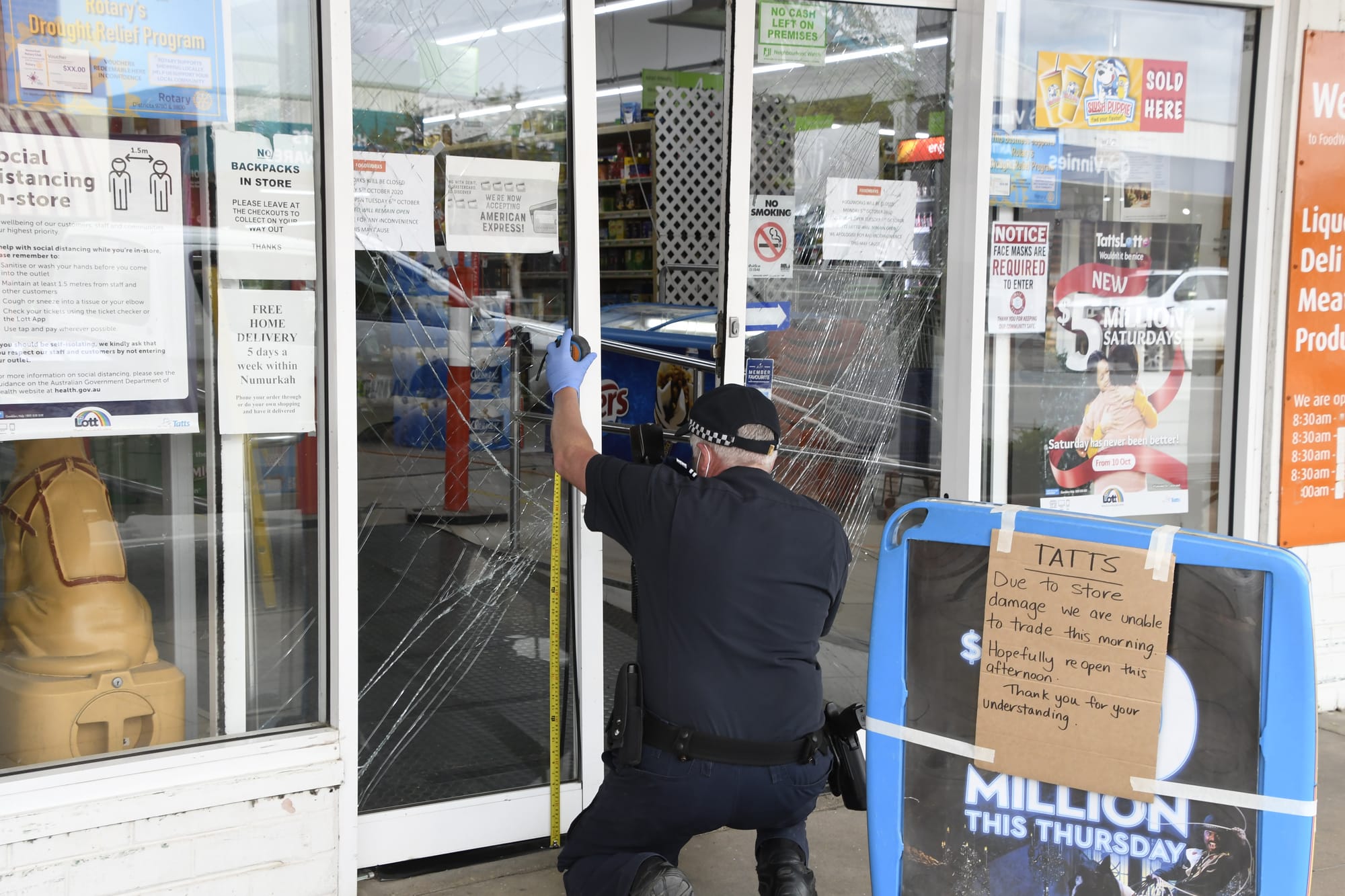 Smashing start ... Numurkah Foodworks’ new owners received a rude surprise when the front doors of the premises were rammed on their first day of business. 
