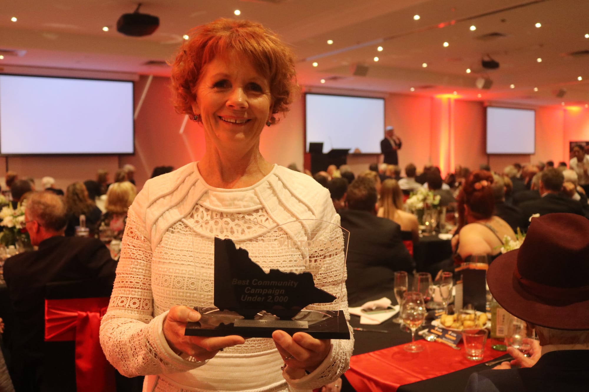 Thrilled ...Leader editor Bev Hutchins was over the moon to win the award for Best Community Campaign, at the Country Press awards dinner in 2018.