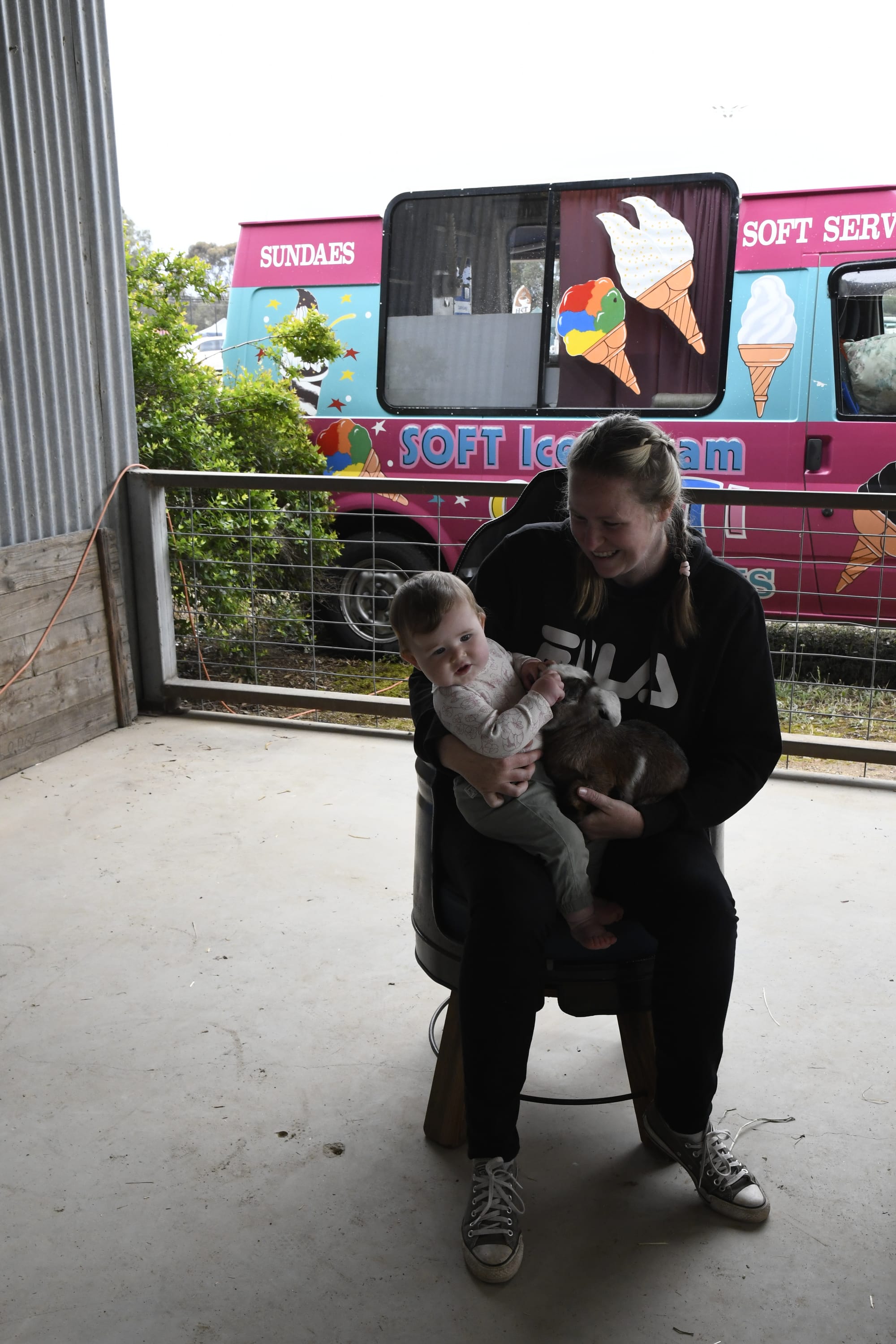 Babies getting to know each other... Amelia Galentino got to know a baby goat under the watchful eye of mum Chloe.