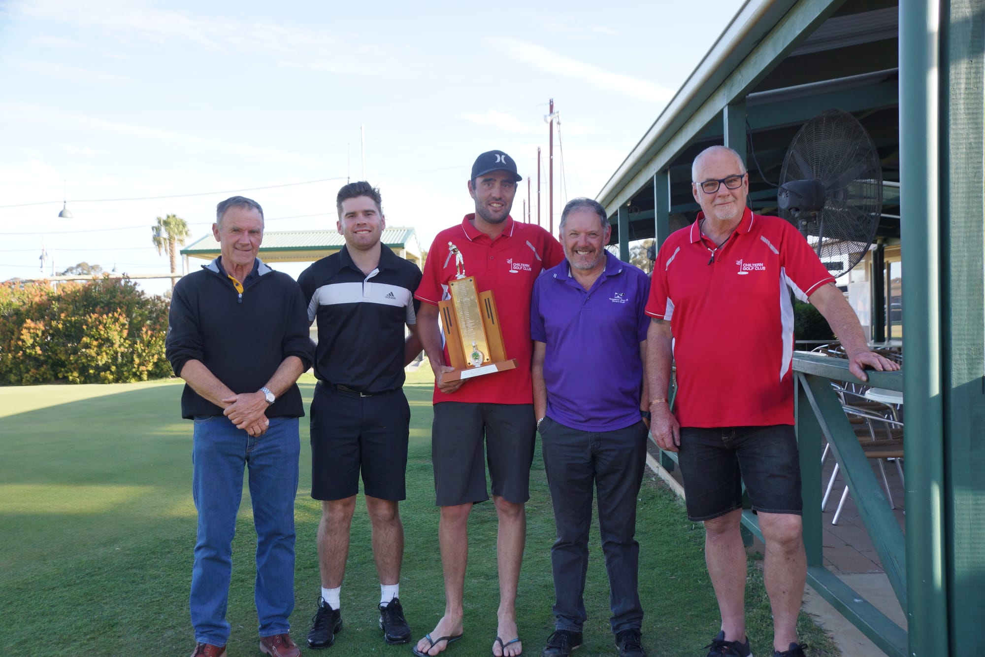 Happy winners ...Neville Hosie, Will Arnel, Casey Gamble, Martin Harper and Martin Hill were winners of their respective scratch and handicap events on Sunday.