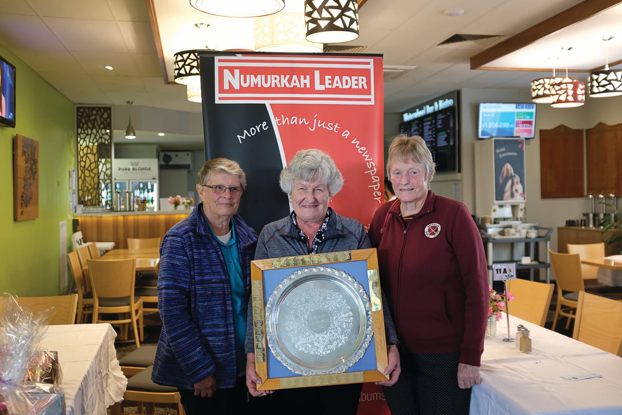 Winners... Nathalia’s Lynette Lindsay, Sonia Verlinden and Nancy Dunn (pictured from left) finished a whopping 16 points ahead of Numurkah’s Jeanette Adams, Jenny Ludington and Sue Herlihy (not pictured) to win the gong. 