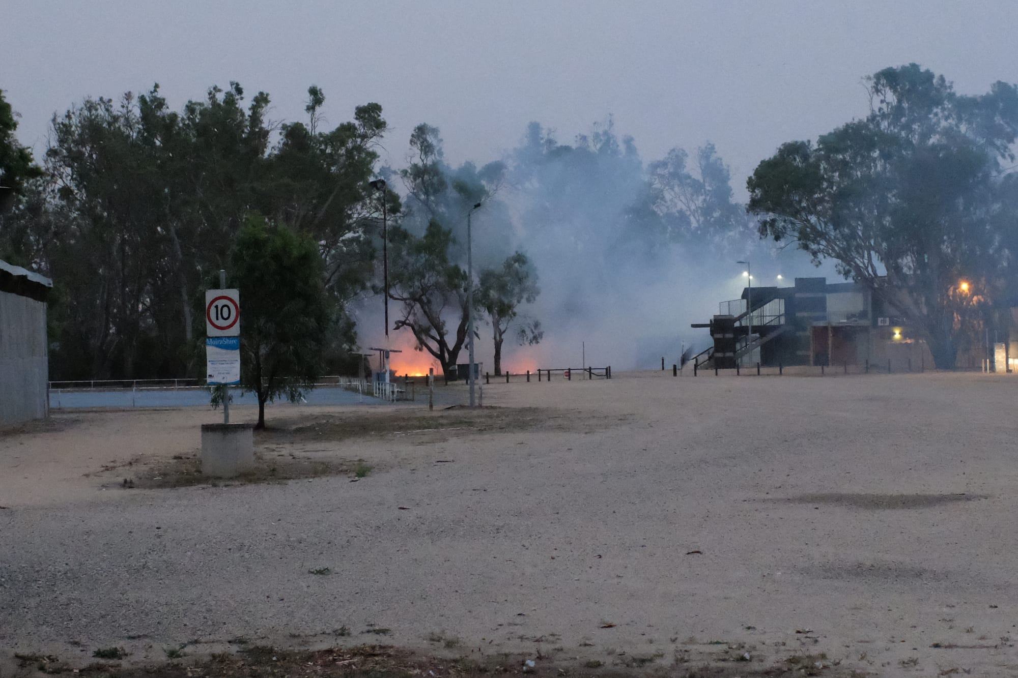 Fire at the showgrounds ... A tree falling onto a power line caused a spark that ignited grass and leaf litter. 