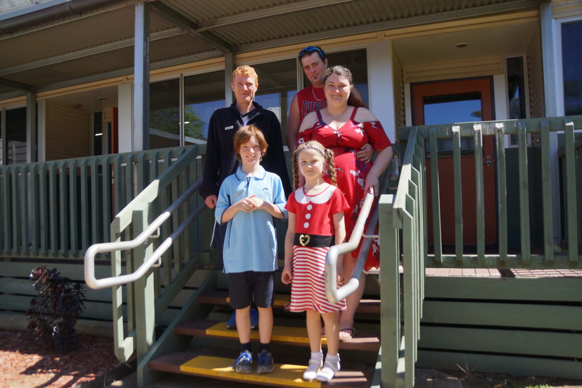 So proud... Scholarship winners Tayden McNally (front left) and Attalyia Woods (front right) with Wunghnu Primary School principal Nathan Neff (back left), dad/step dad Daniel Woods and mum Rachel Lea. 
