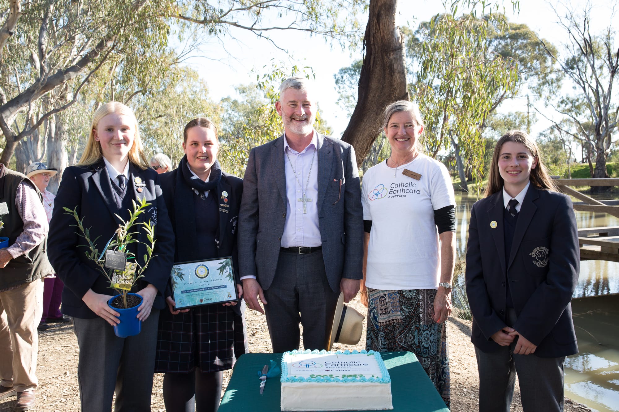 United in a cause... (From left) St Mary of the Angels Secondary College Social Justice Leaders, Zara Limbrick and Eliza Wood, Bishop of Sandhurst Diocese Shane MacKinlay, Coordinator of Catholic Earthcare Australia Sue Martin and St Mary of the Angels Secondary College Social Justice Leader, Kate Buha at the launch of the Laudato Si’ Action Plan.