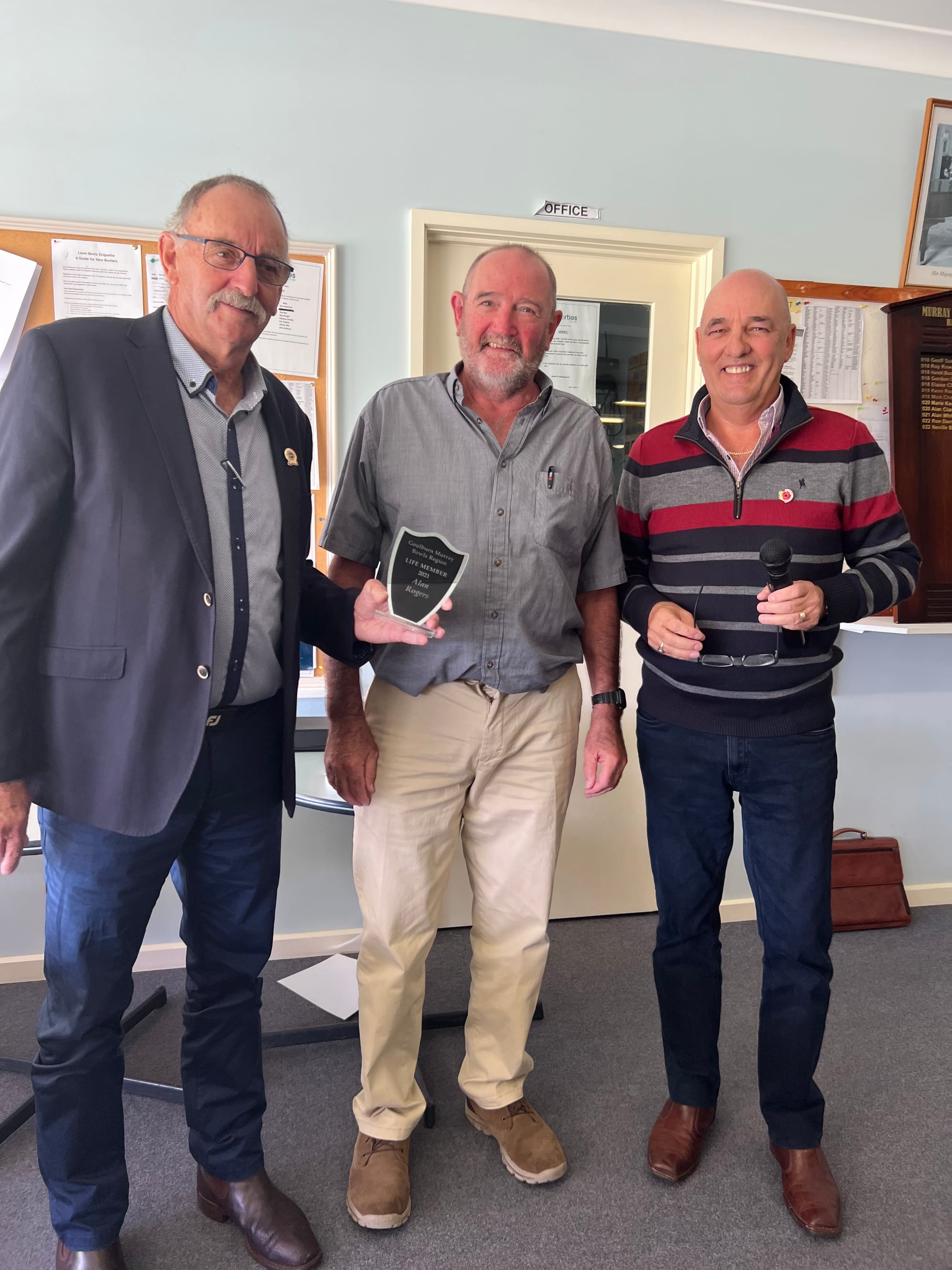 What an honour... Chris Philphott (right) presented Alan Rogers (left) with his life membership last Sunday, with chair of the match committee, Jack Dell (middle), also present.