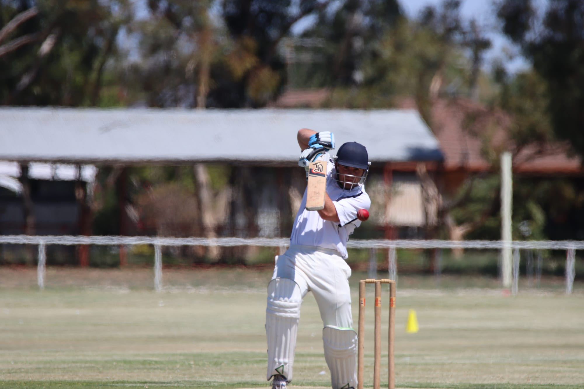 Concentration … Will Arnel watches as he hits the ball away to the off side.