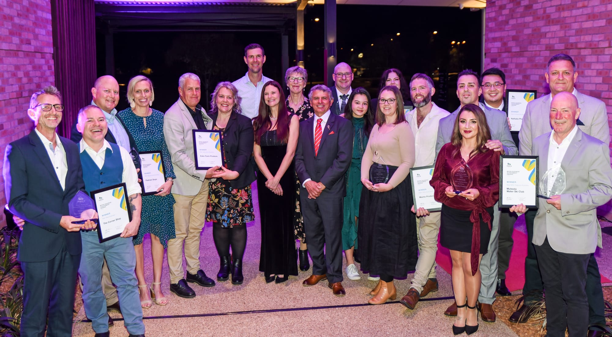 Top goal kickers... Moira Shire CEO Claire Keenan and Mayor Libro Mustica (centre) surrounded by the winners of the 2022 Moira Business Achievement Awards.