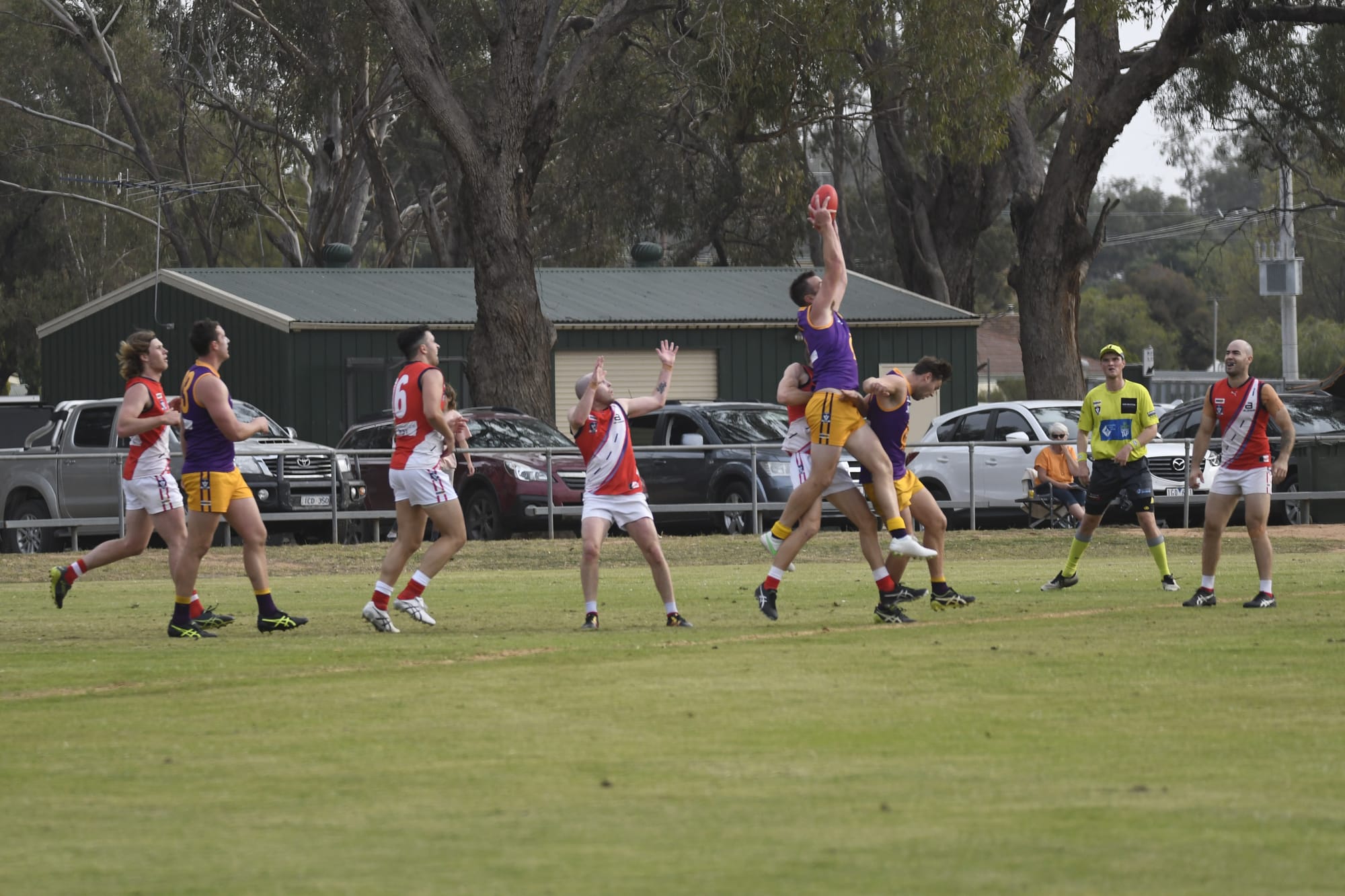 Aerial dominance ... Brett Vallender flies for one and comes down with a clunk. 
