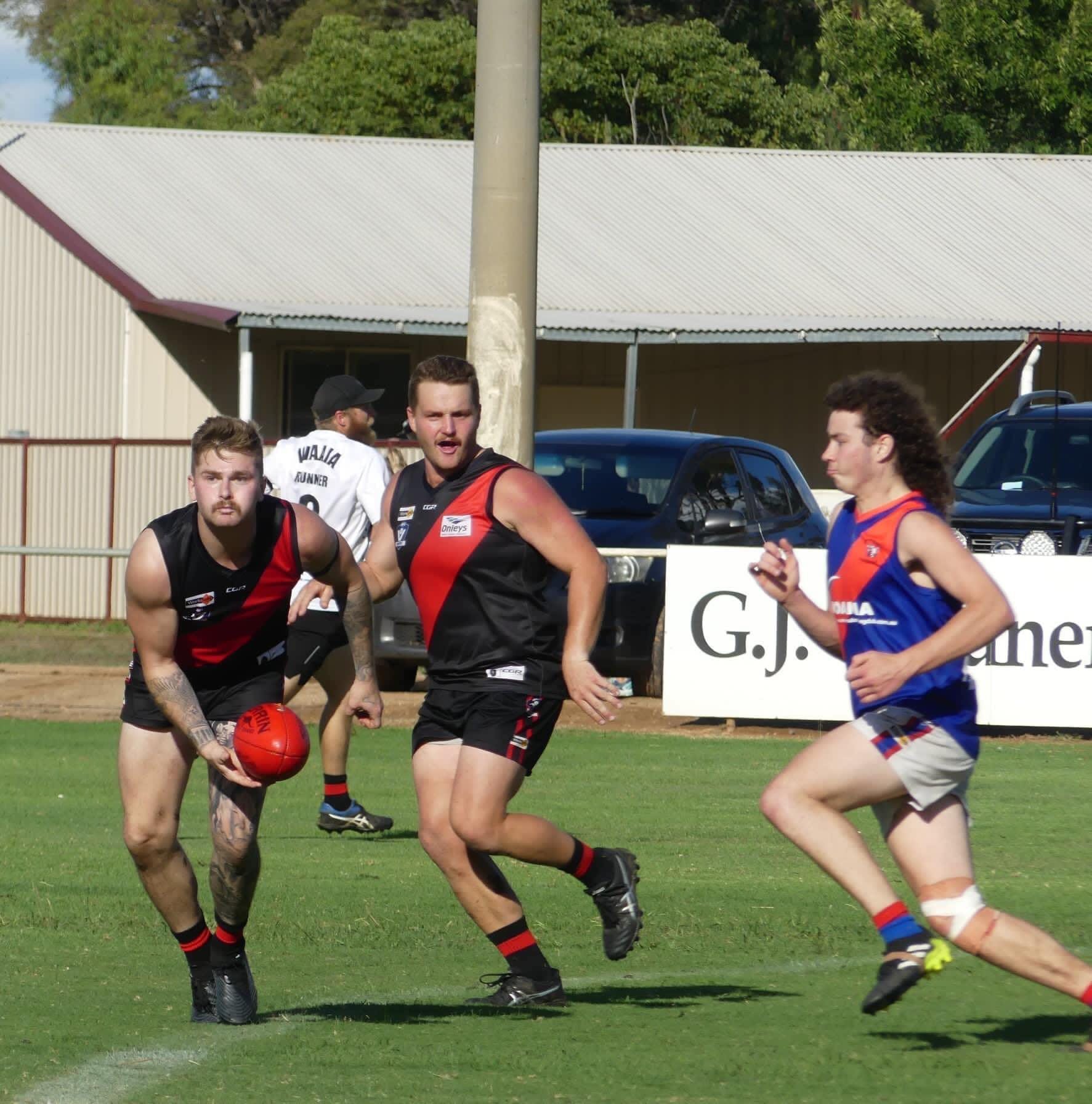 Dominant... Jayden Clarke (left) was one of  Waaia’s best against Mathoura.