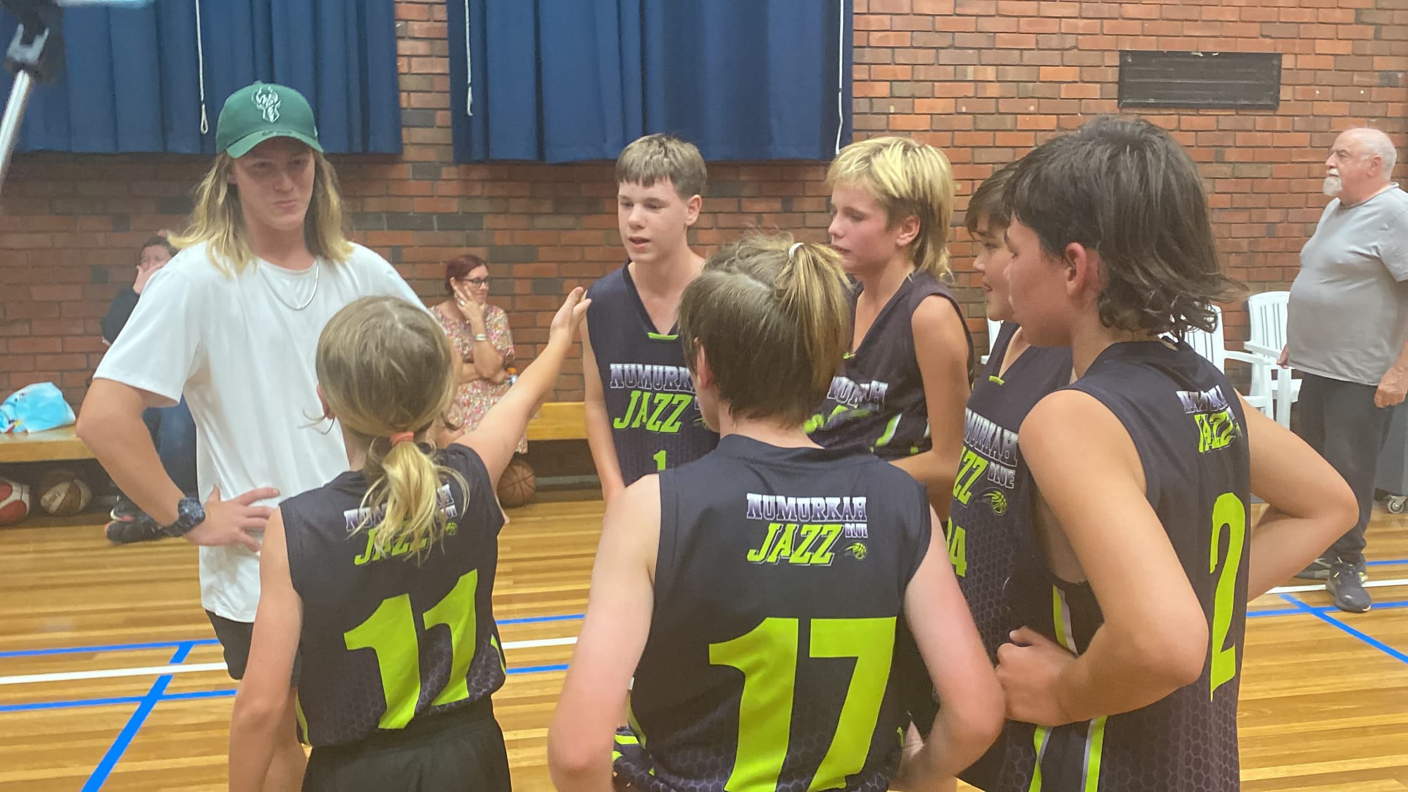 Time out... Coach Kobie Rahilly (left) calls his team in for a chat. (From back left) Brock Jenner, Tyson Simpson, Teddy Smith and (front) Urijah ‘Mini’ Saxton, Diesel Kimberley and Jaxson Stonehouse.