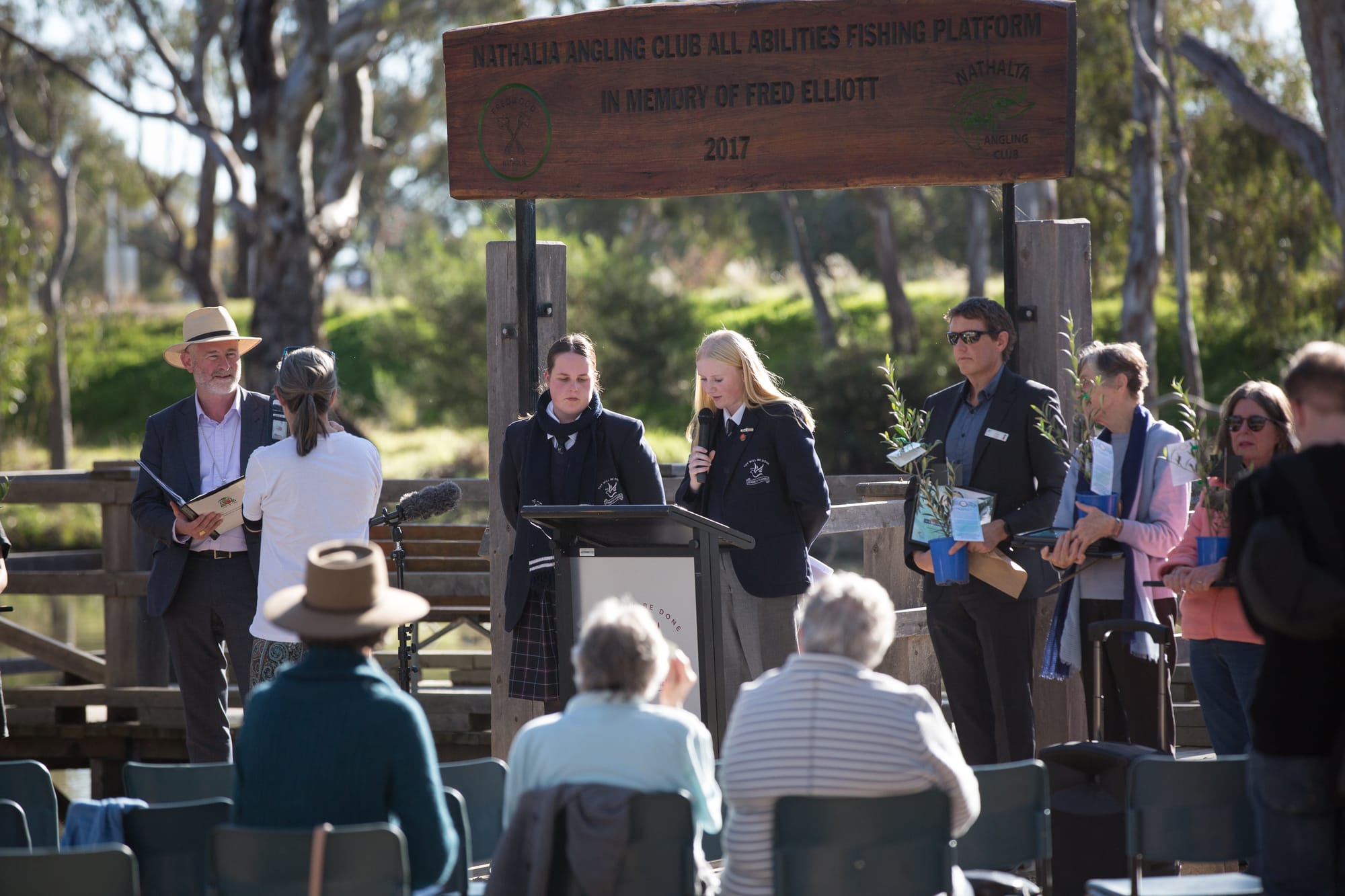 Leading the way... St Mary of the Angels Secondary College Social Justice Leaders, Eliza Wood and Zara Limbrick address the crowd.