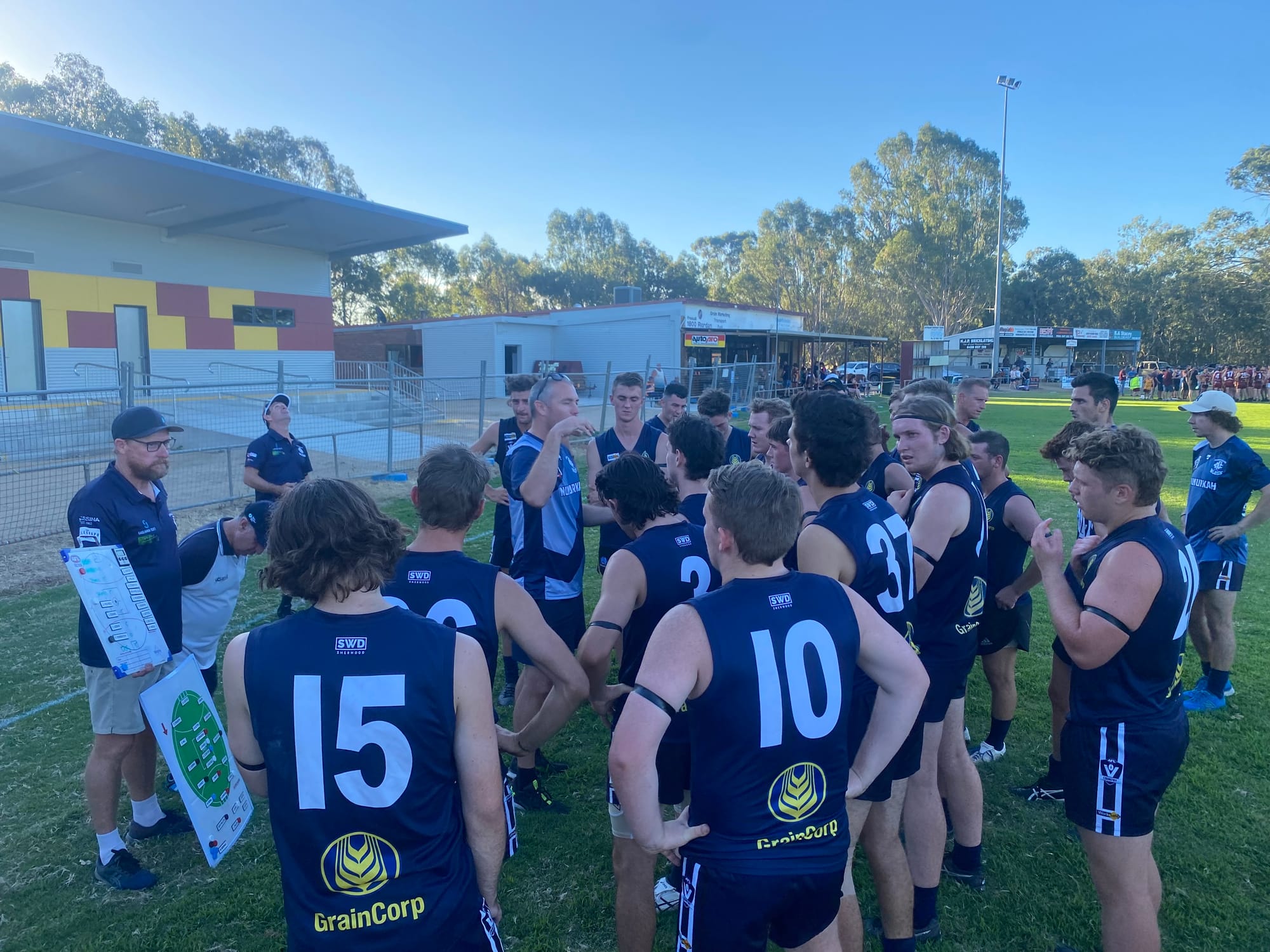 Coach’s address... Sean Harrap addresses his side at quarter time last Thursday.

