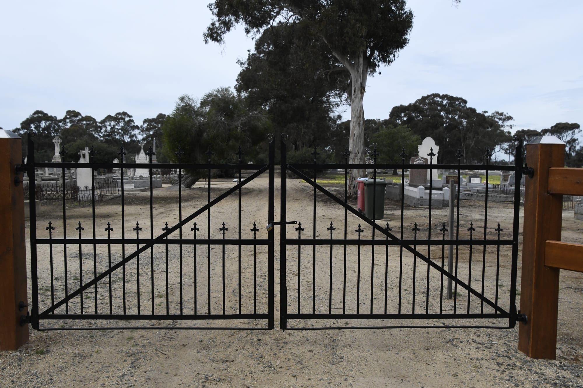 Vehicle access barred ... The Numurkah cemetery gates are padlocked to prevent vehicles entering.
