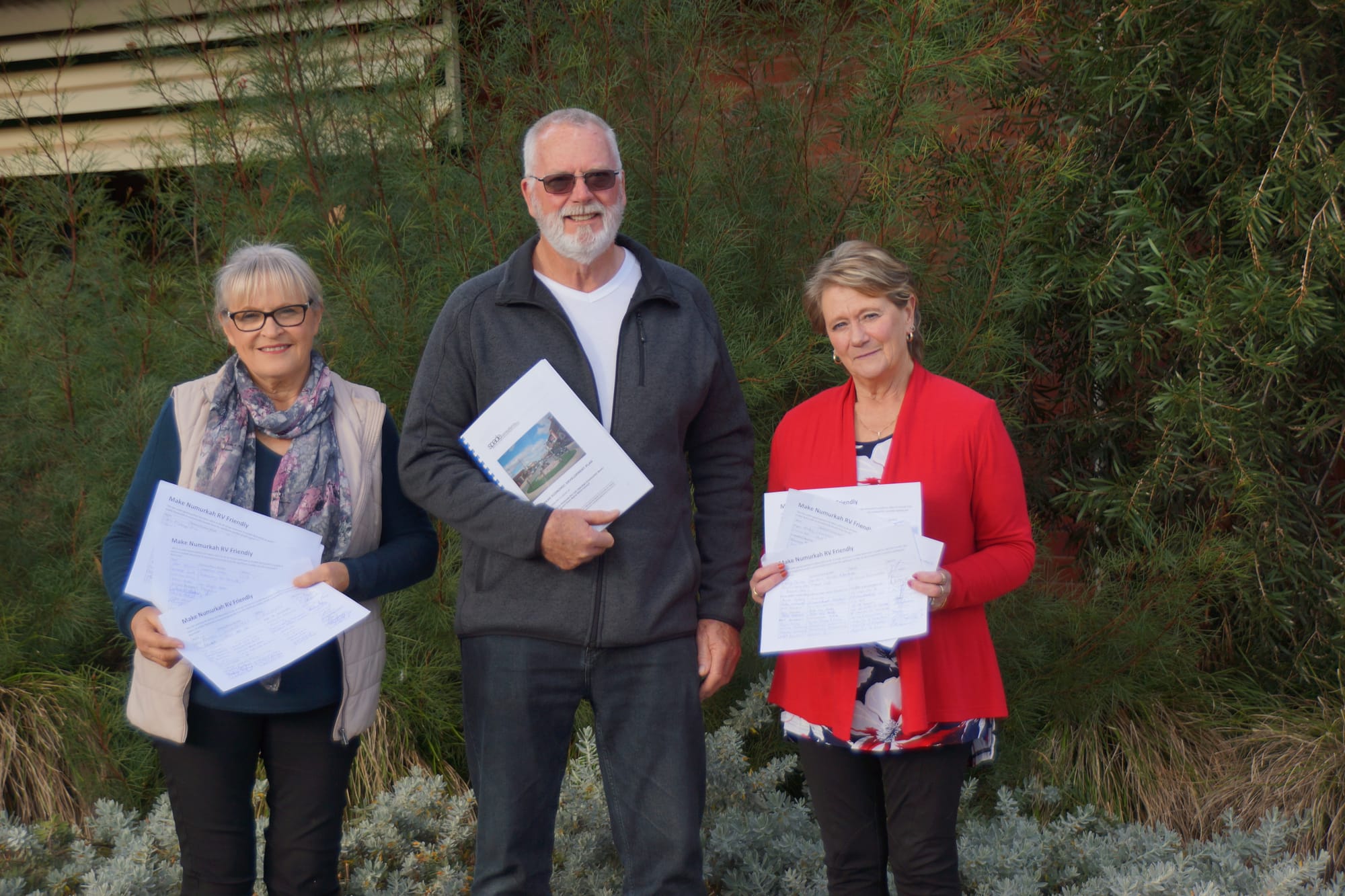Campaigning for change ...  Diane Hill, John Watson and Elva Harris are petitioning council to help Numurkah be accredited as RV friendly.
