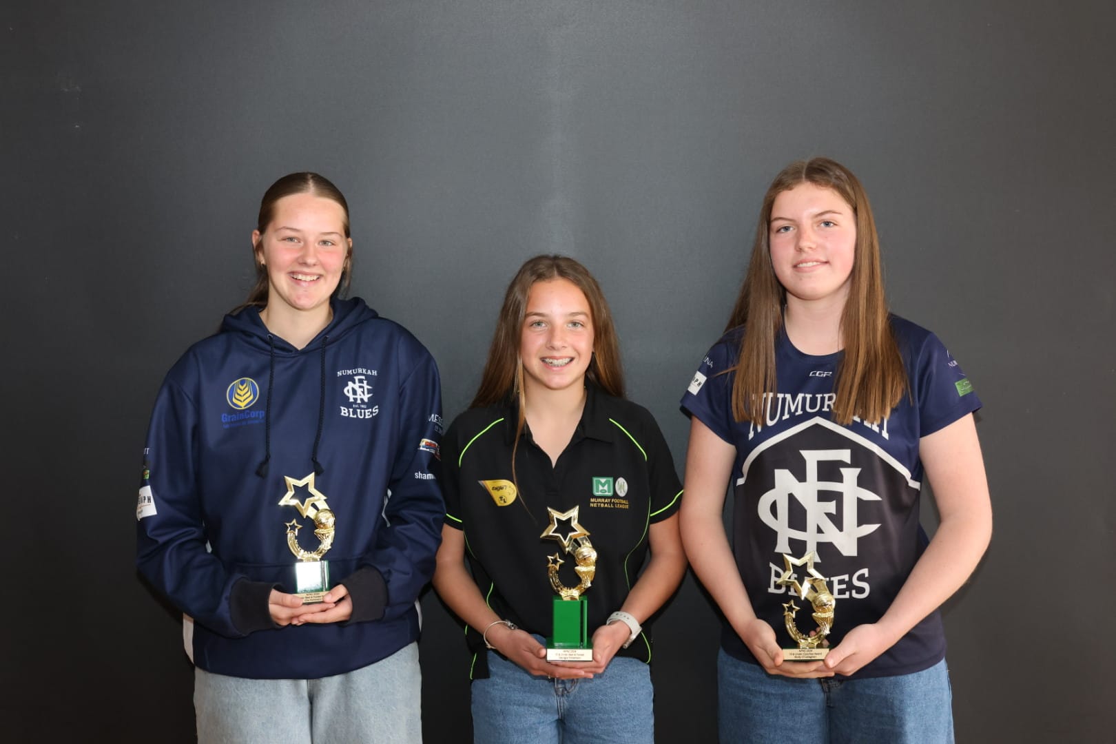 15 & Under Best & Fairest winners... (From left): Winner Georgia Robertson, Runner Up Ella Parkinson, Coaches Award Molly O’Callaghan. Photo by Ease Images.