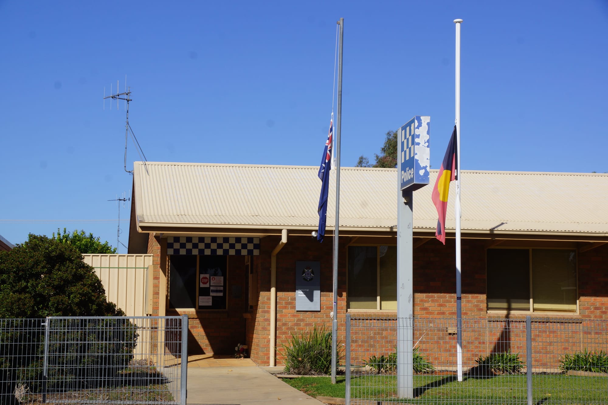 Half mast ... Flags outside the Numurkah station have been flying at half mast since the tragic incident.
