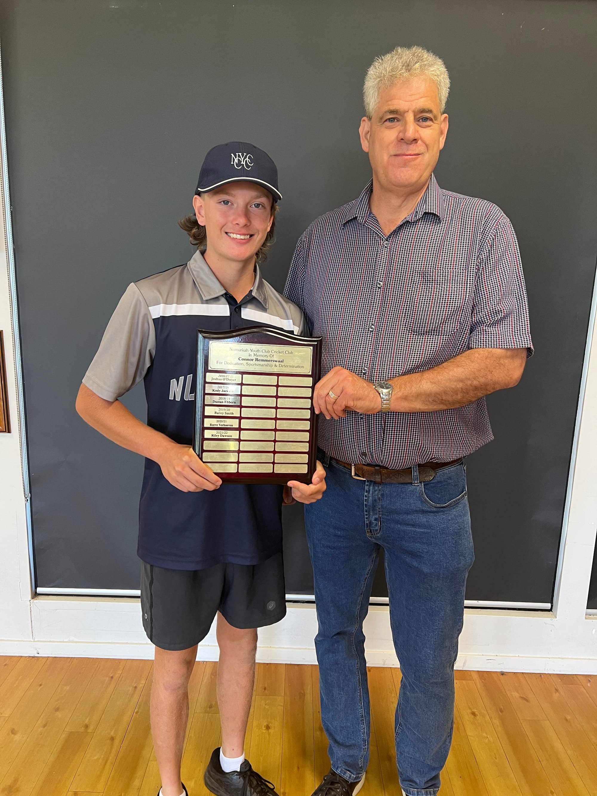 Star junior... Riley Dawson (left) receives the Connor Remmerswaal award from Rene Remmerswaal. 
