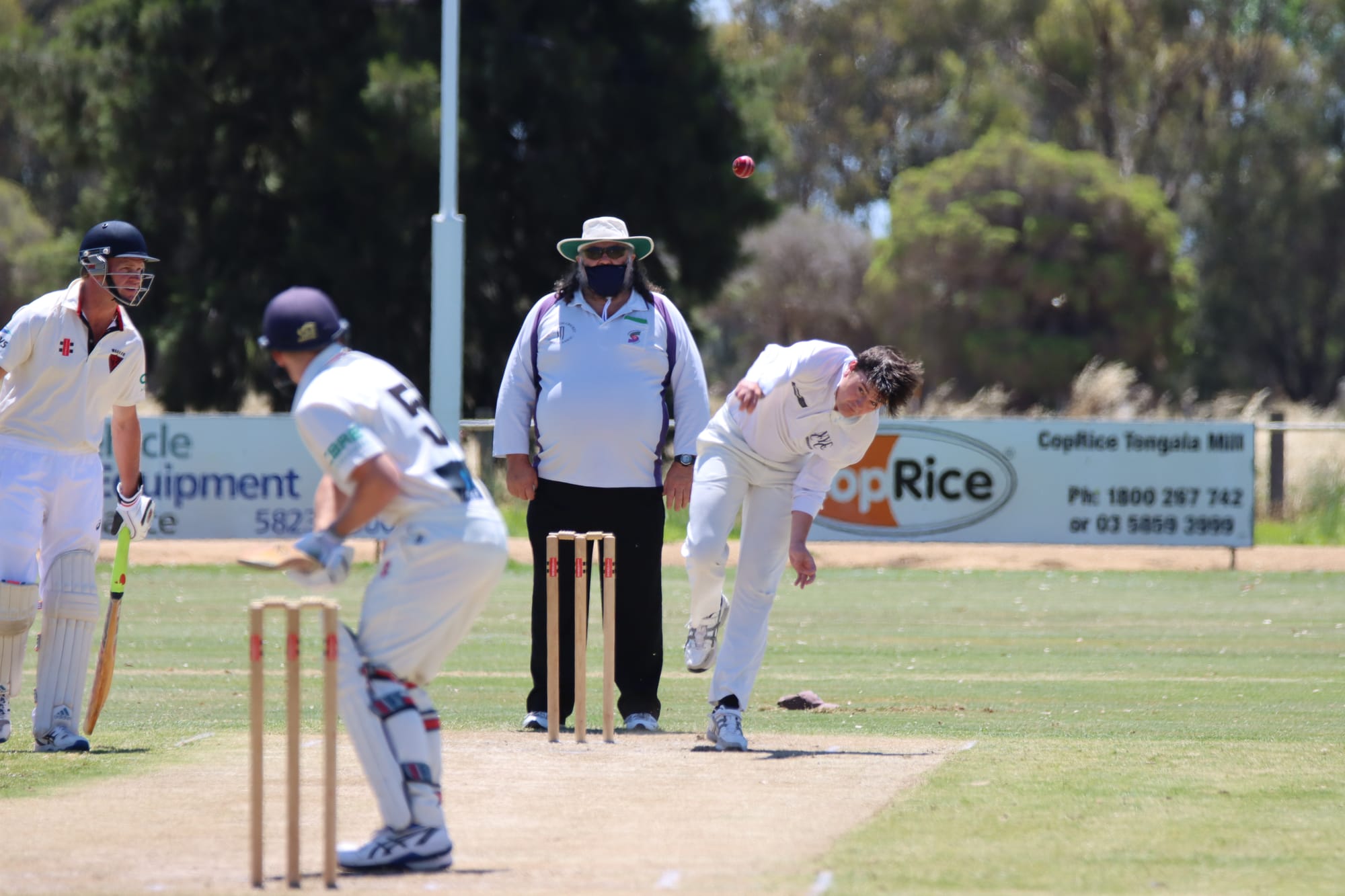 Seam up ... Matt Cline tries to break Waaia’s opening partnership between Brenton Low and Sam Trower. 

