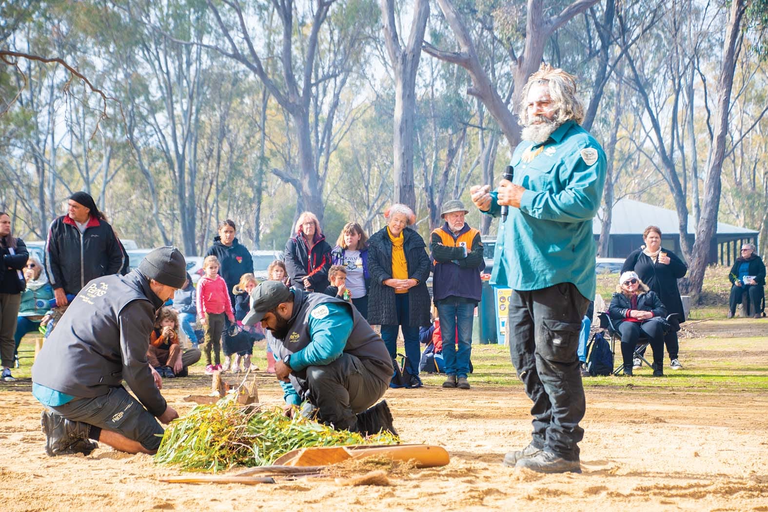 Learning about culture ... Ralph Hume speaks about what smoking means in Aboriginal culture, while the fire is being made. 