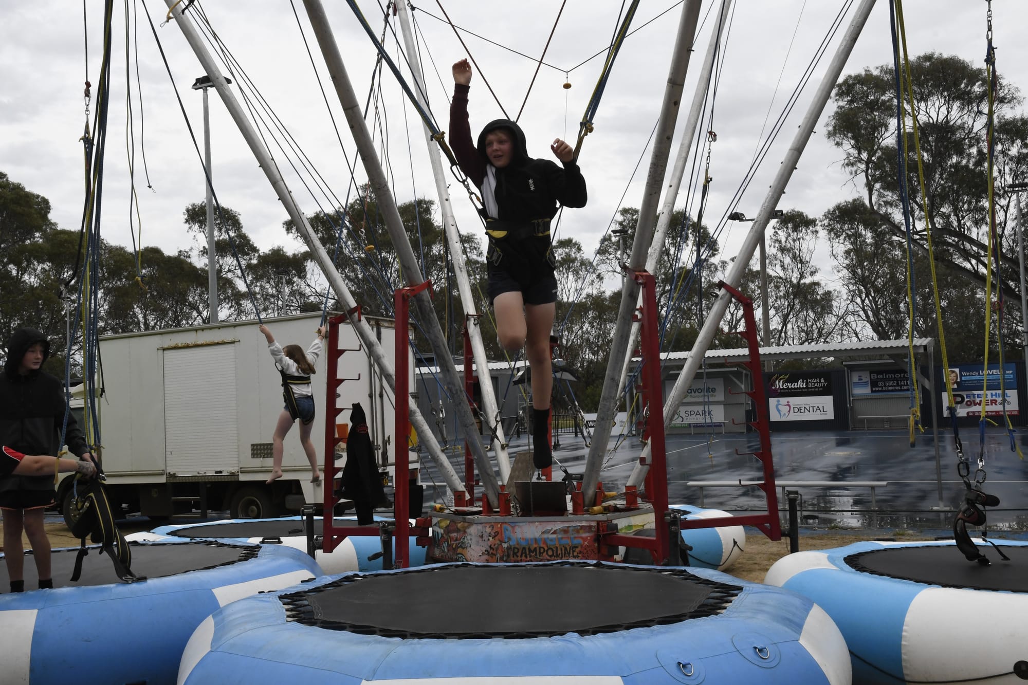 How high can you go... Levi had a ball showing his moves on the bungee trampoline as his mates egged him on.&nbsp;