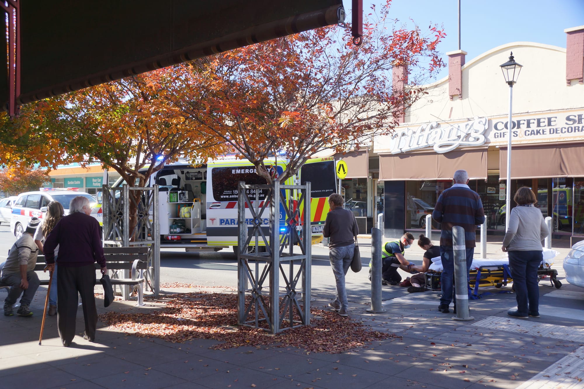 Leg injuries … Ambulance officers treated the injured Beechworth pedestrian at the scene before taking her to GV Health.