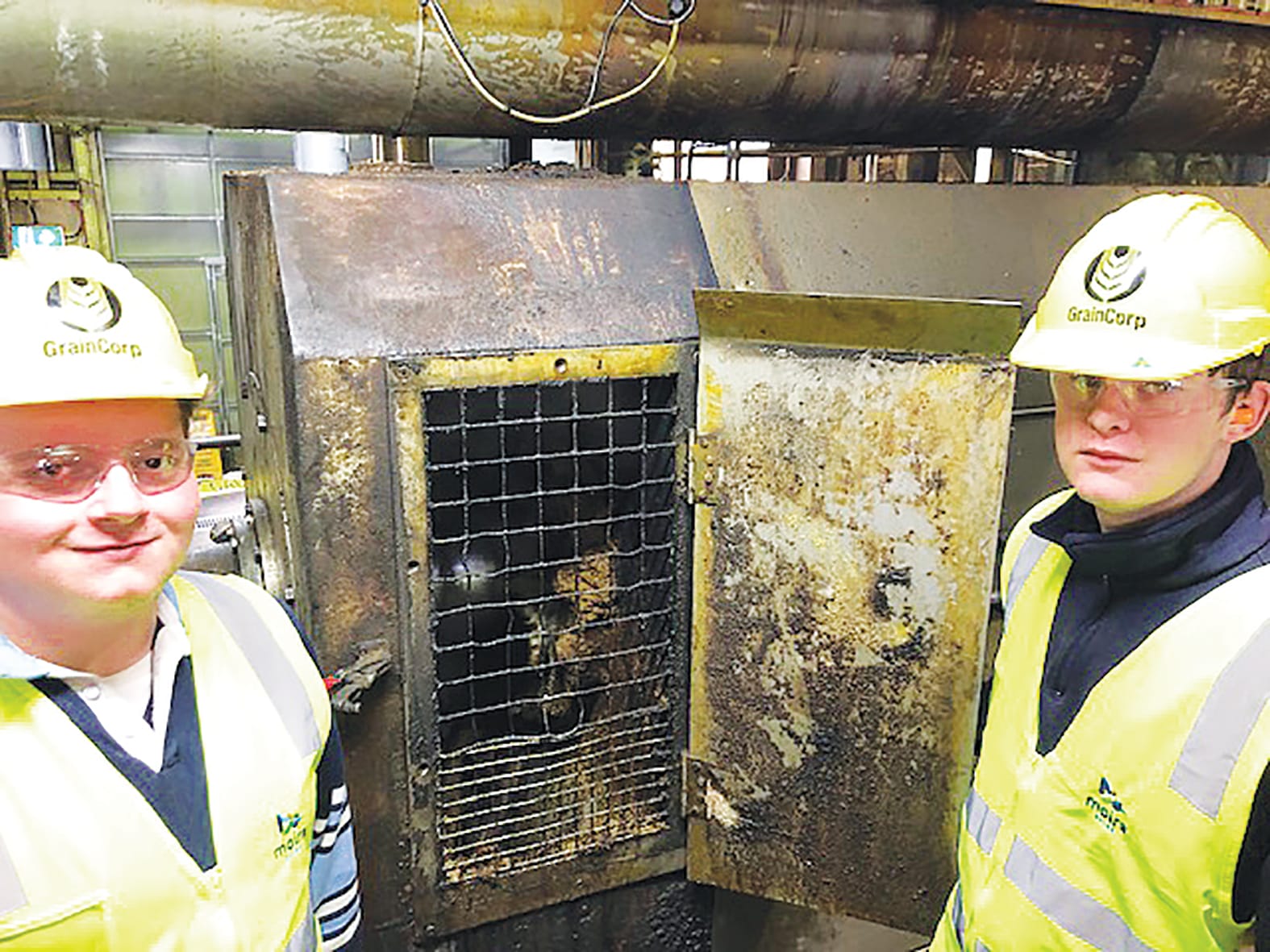Inside look ... Drew Scouller and Tristan McGraw observing Graincorp processing from the inside.